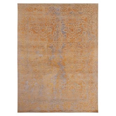 Teppich & Kilims Geometrischer, geblümter Teppich in Beige, Gold und Blau aus Wolle und Seide