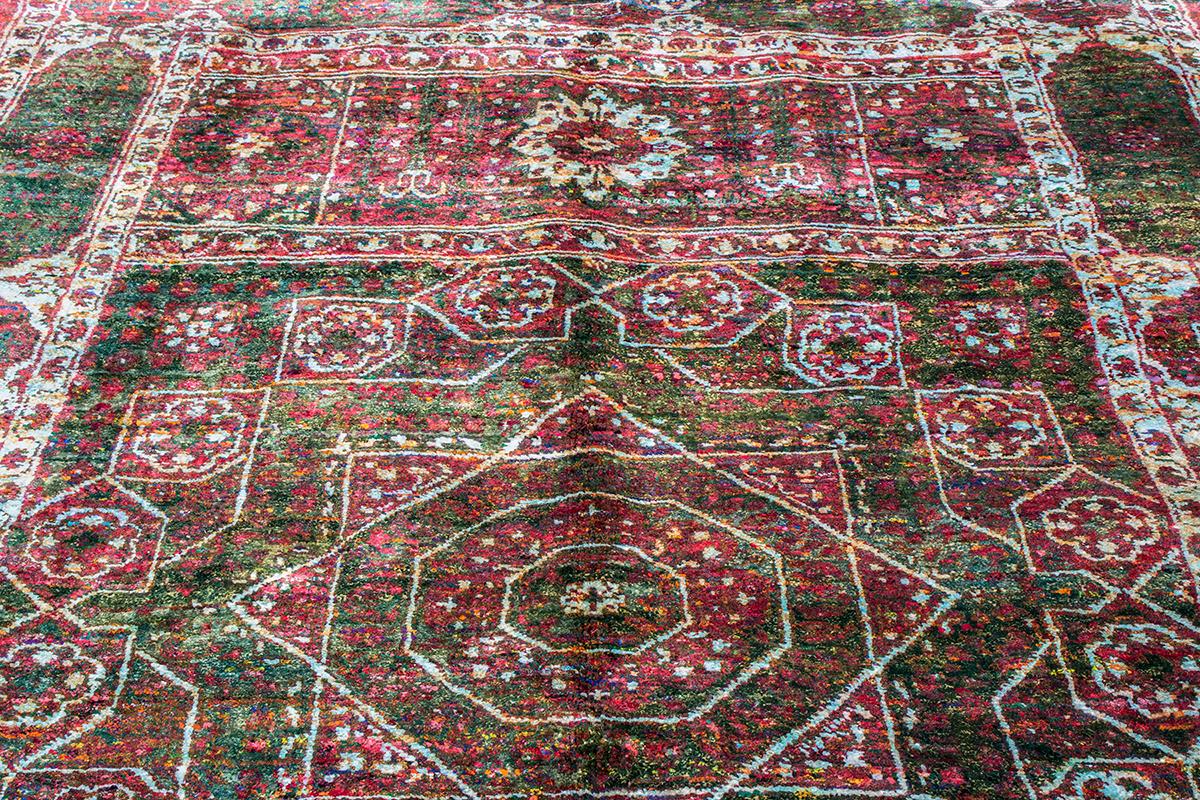 Hand-Knotted Rug & Kilim’s Geometric Green and Red Wool and Silk Rug