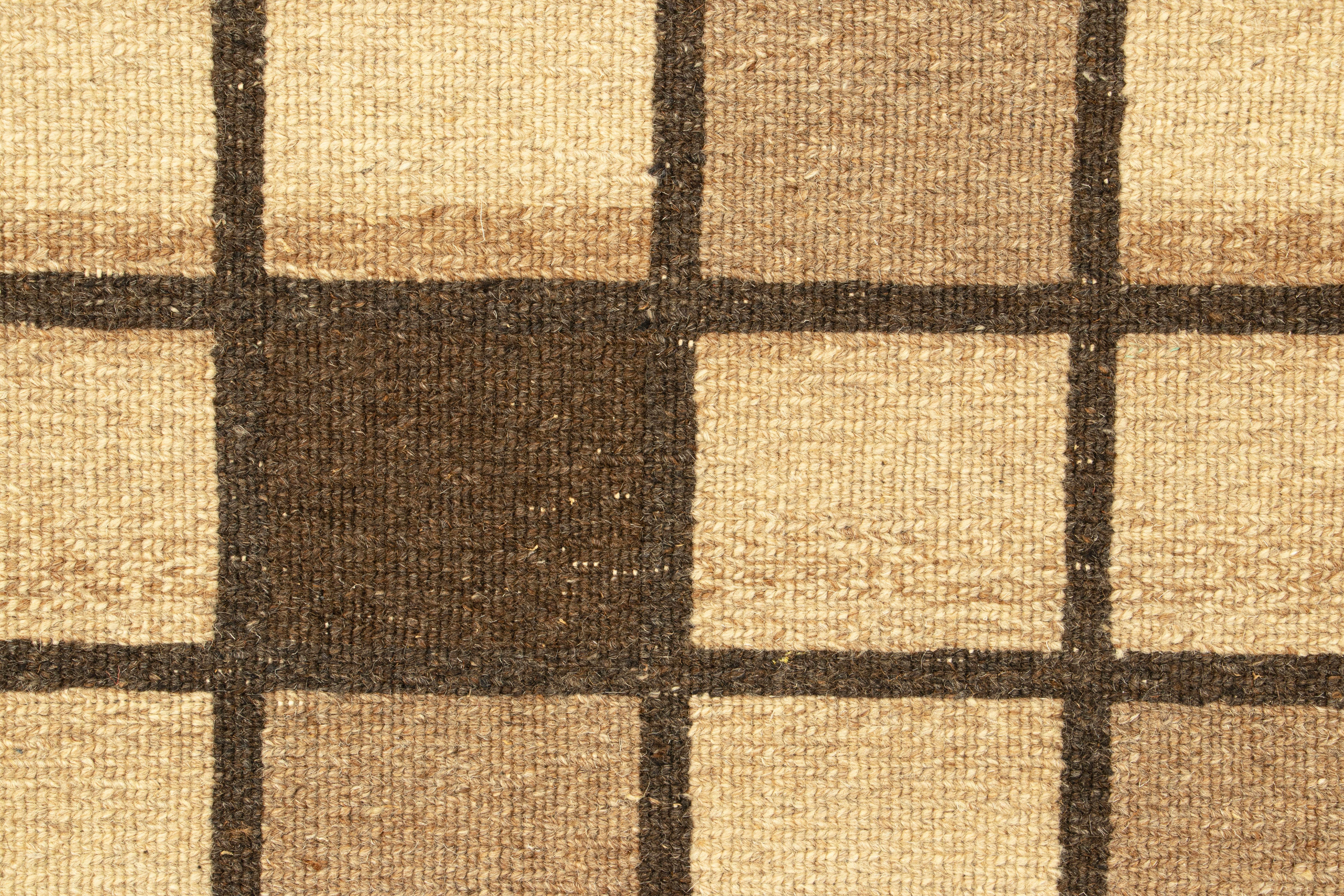 Modern Rug & Kilim’s Gift-Size Soumak Rug with Beige-Brown Geometric Pattern For Sale
