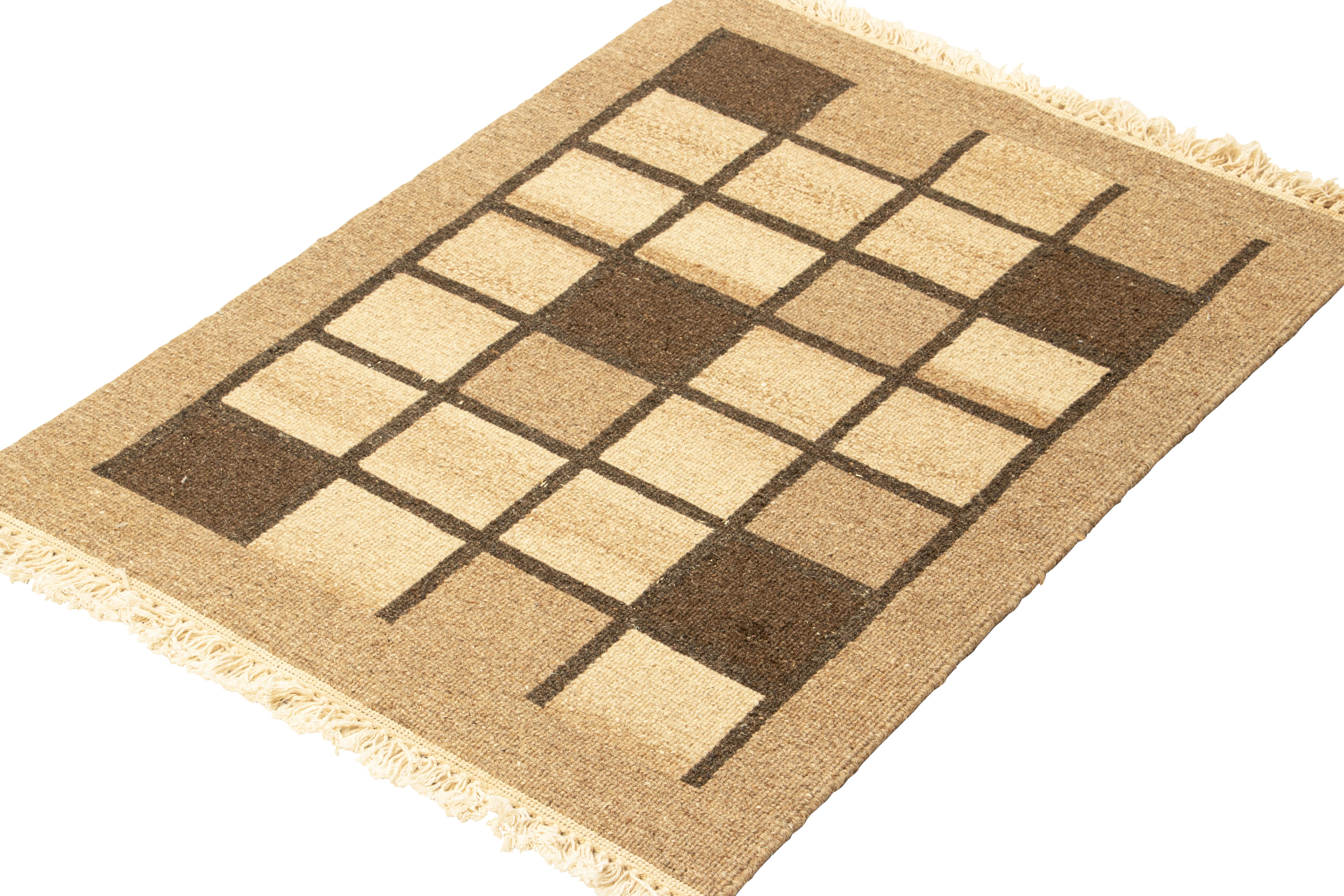Indian Rug & Kilim’s Gift-Size Soumak Rug with Beige-Brown Geometric Pattern For Sale