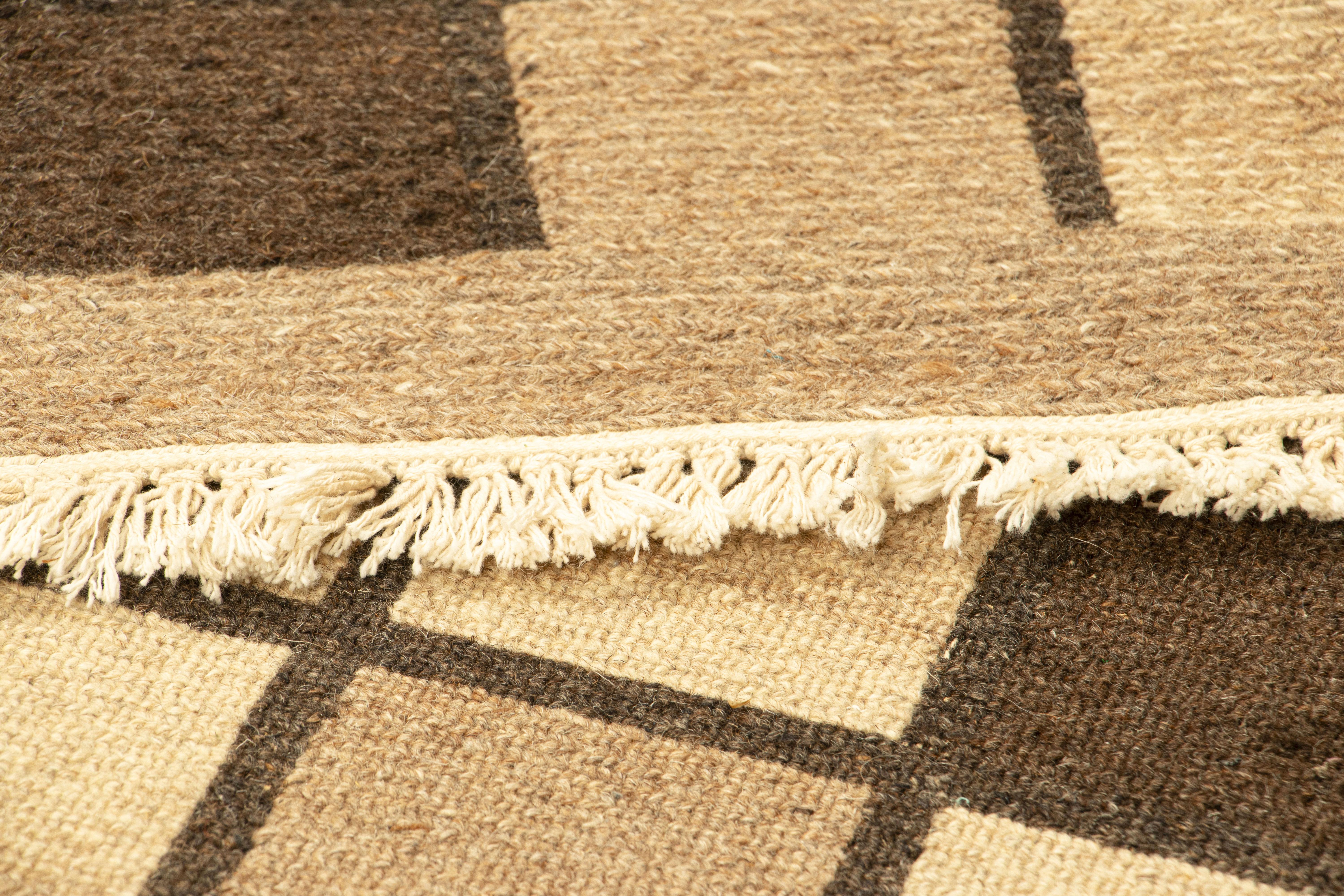 Contemporary Rug & Kilim’s Gift-Size Soumak Rug with Beige-Brown Geometric Pattern For Sale