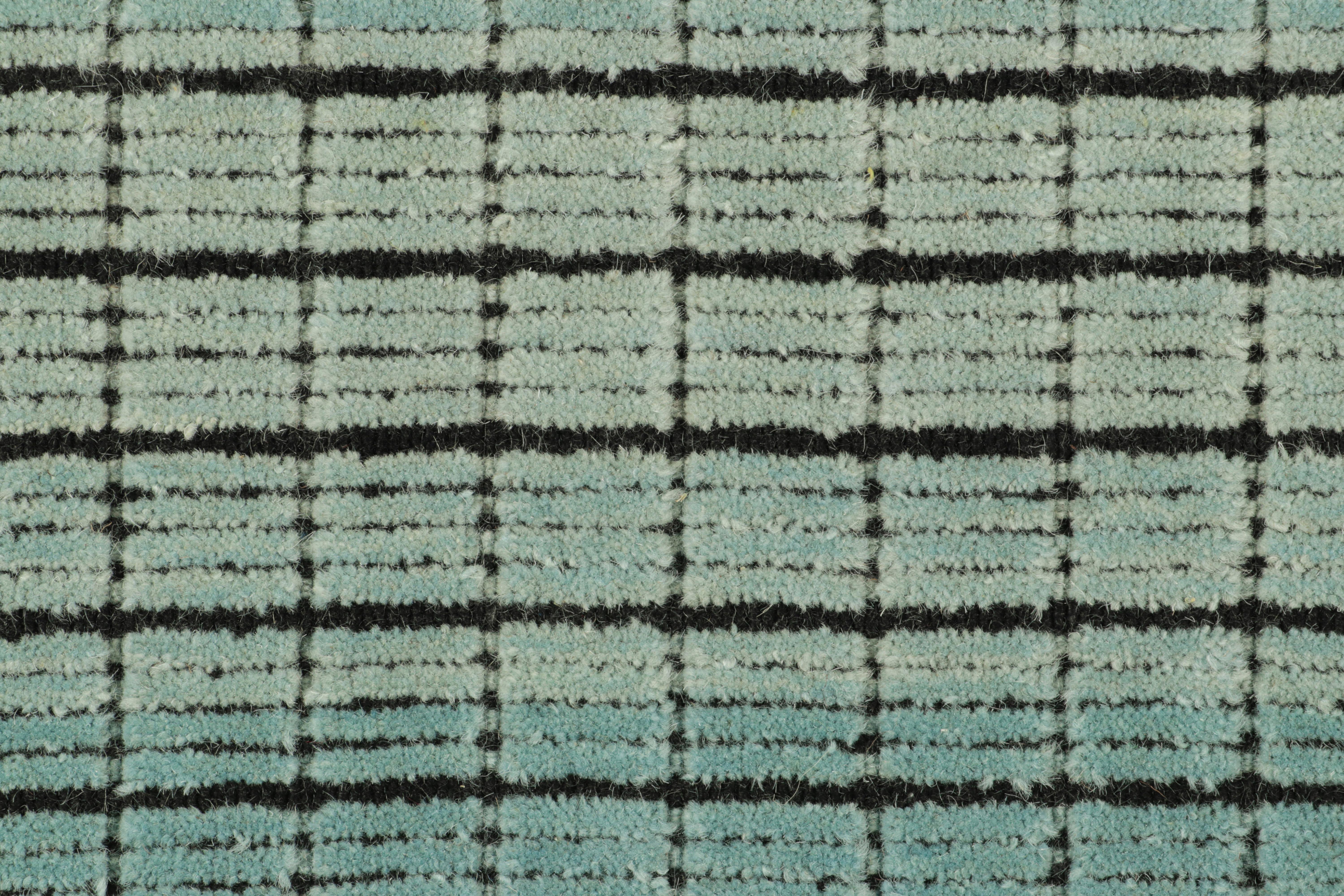 Indian Rug & Kilim’s Gradient Custom Rug Sample, Blue Ombre and Black Grid Pattern For Sale