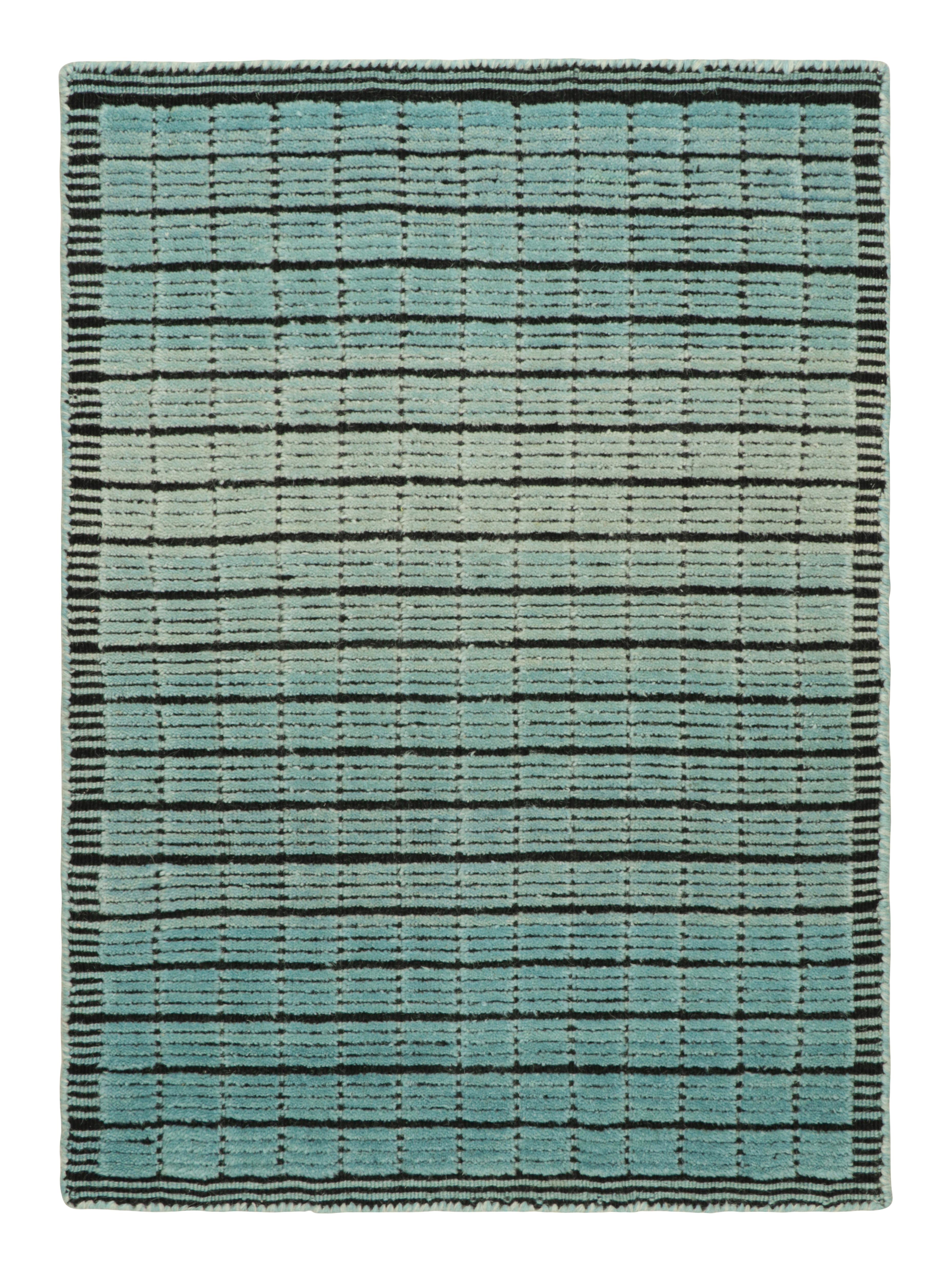 Hand-Woven Rug & Kilim’s Gradient Custom Rug Sample, Blue Ombre and Black Grid Pattern For Sale