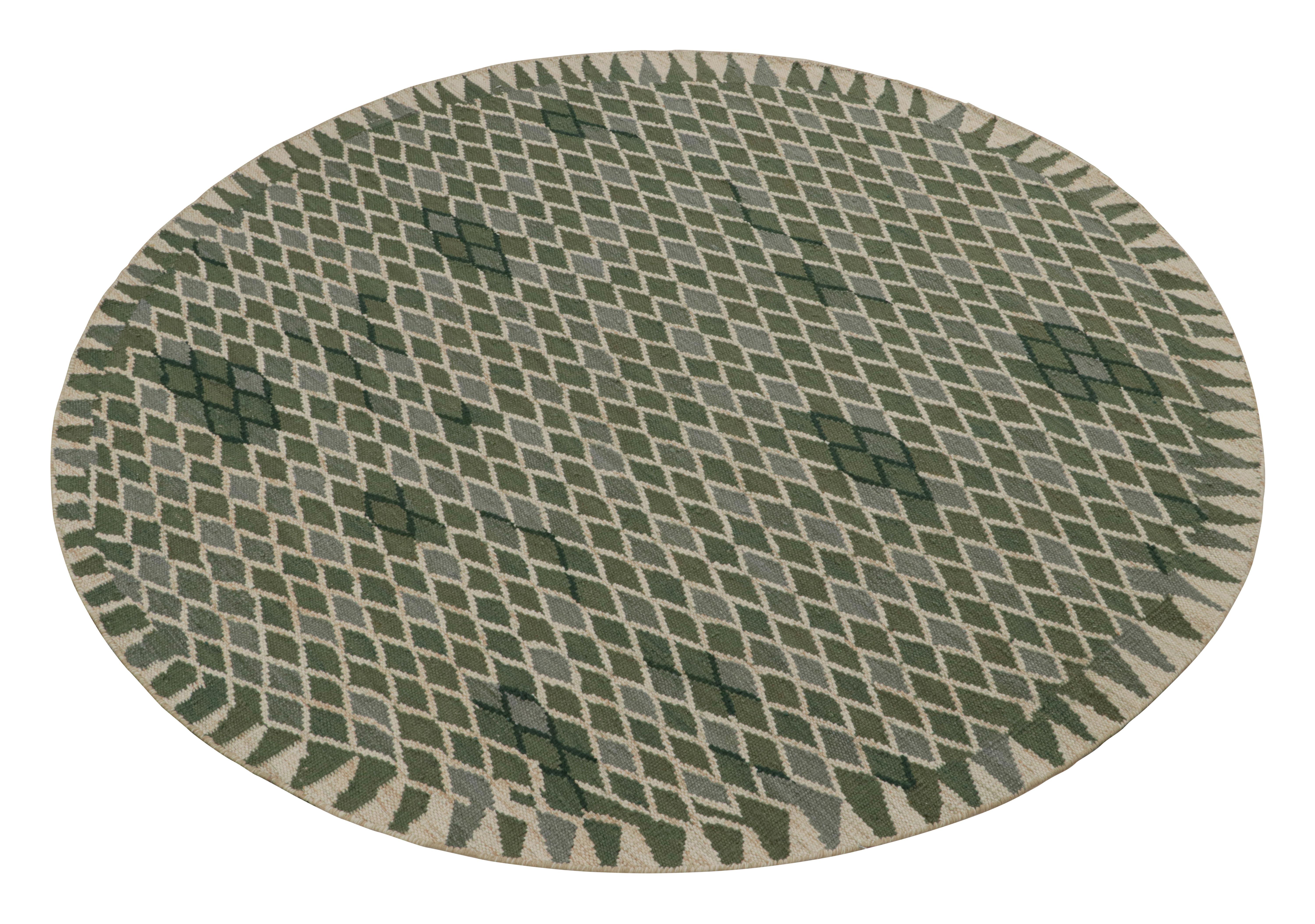 This 8’ circle rug and Swedish style kilim is from the award-winning Scandinavian rug collection by Rug & Kilim. Handwoven in wool, cotton and natural yarns, this design is inspired by Swedish Deco Rollakan and Rya rugs. 

On the Design: 

This