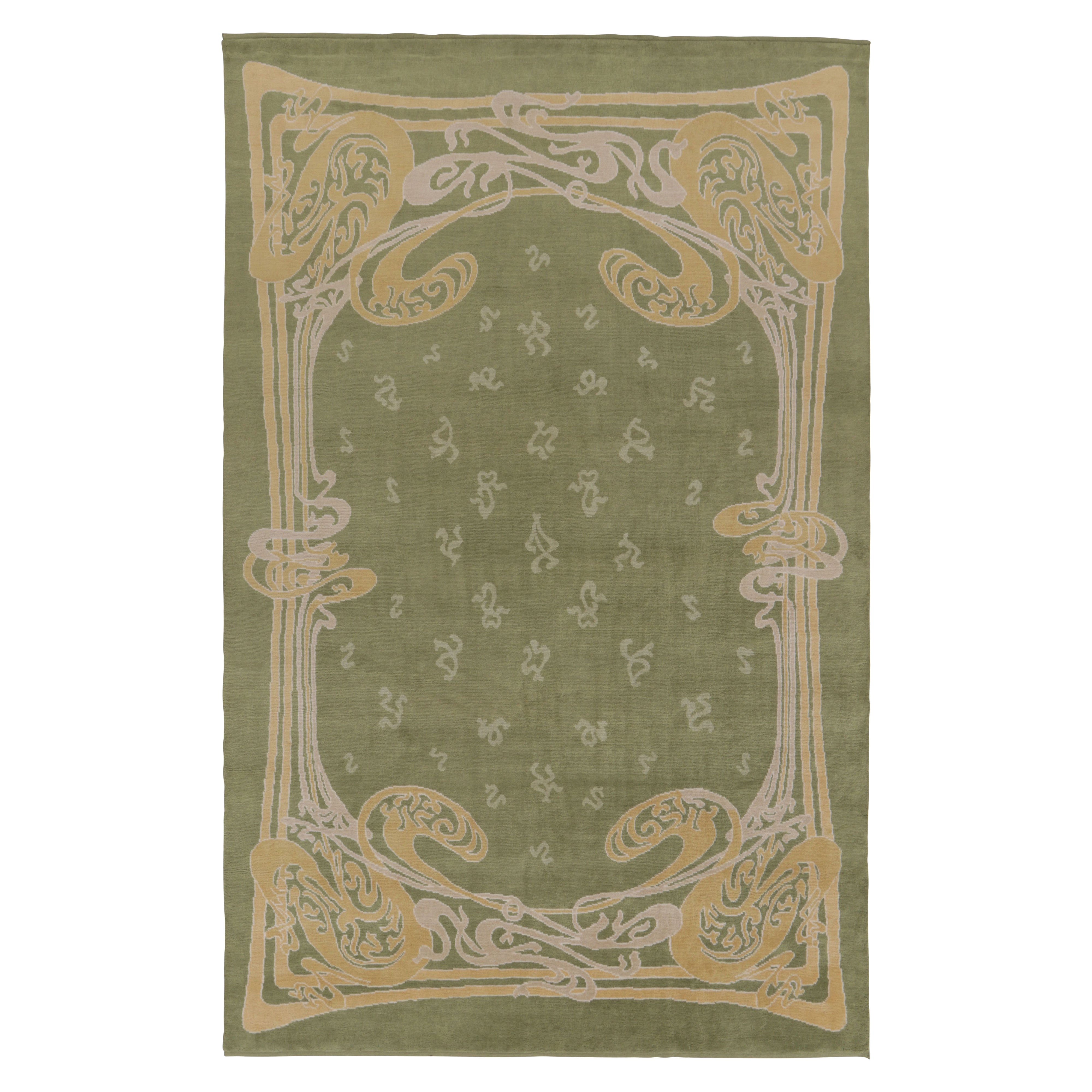 Rug 
Kilim
s Guimard Art Nouveau Inspired Rug, Green with Elegant Floral Frame For Sale