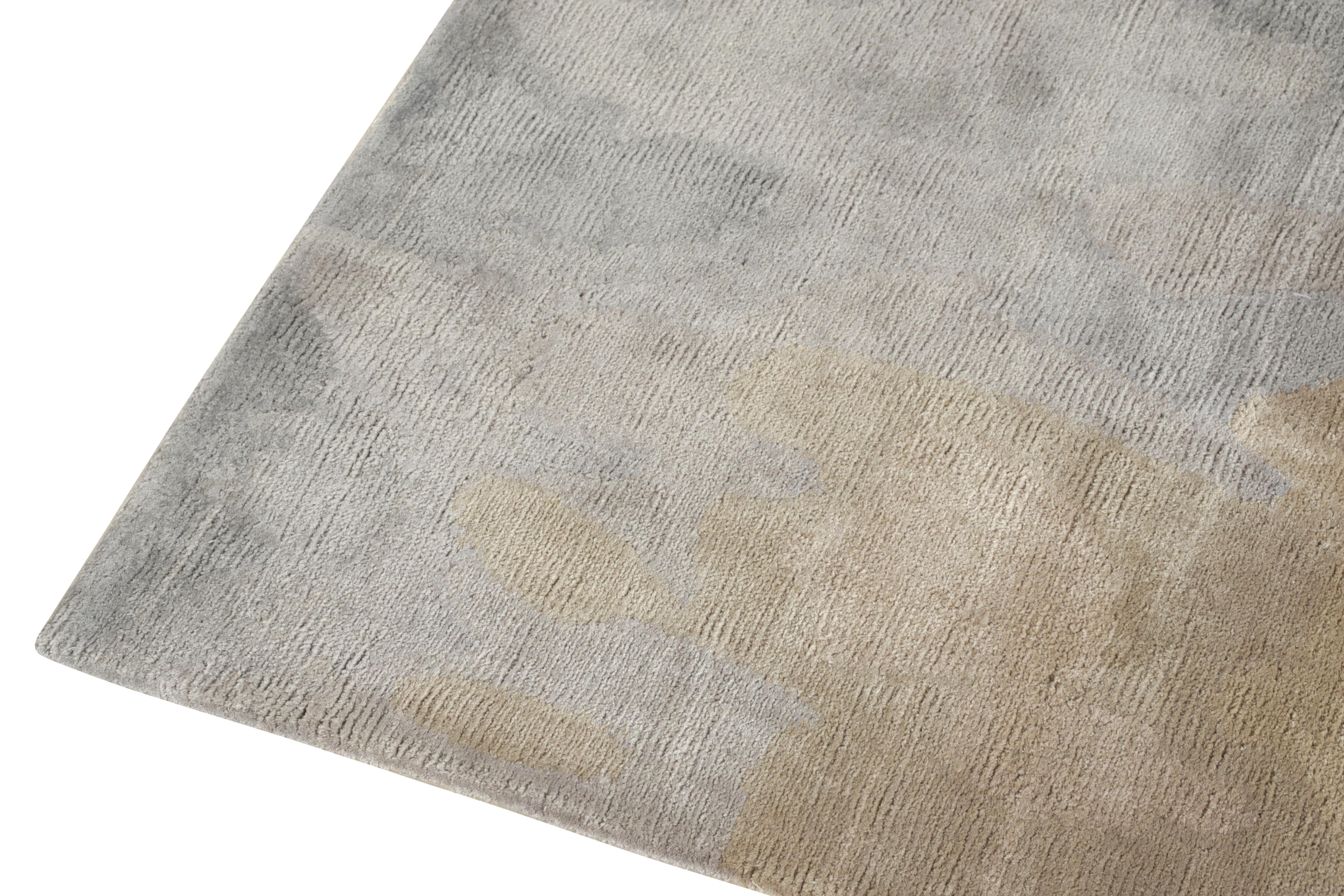 Indian Rug & Kilim’s Hand-Knotted Abstract Accent Rug in Silver, Beige-Brown Pattern