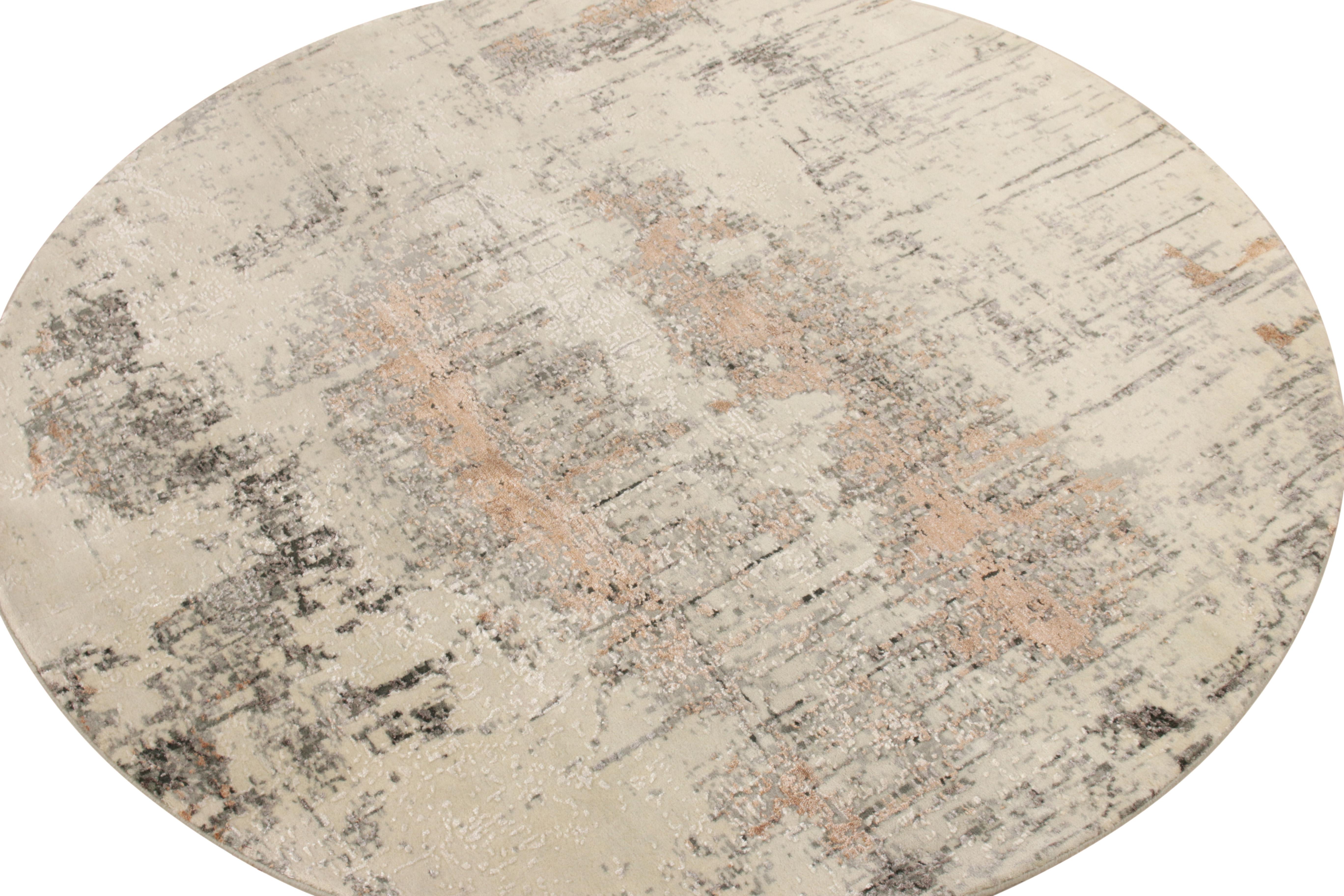 Teppich & Kelim''s Handgeknüpfter abstrakter, maßgefertigter Kreisteppich in Weiß, Silbermuster (Moderne) im Angebot