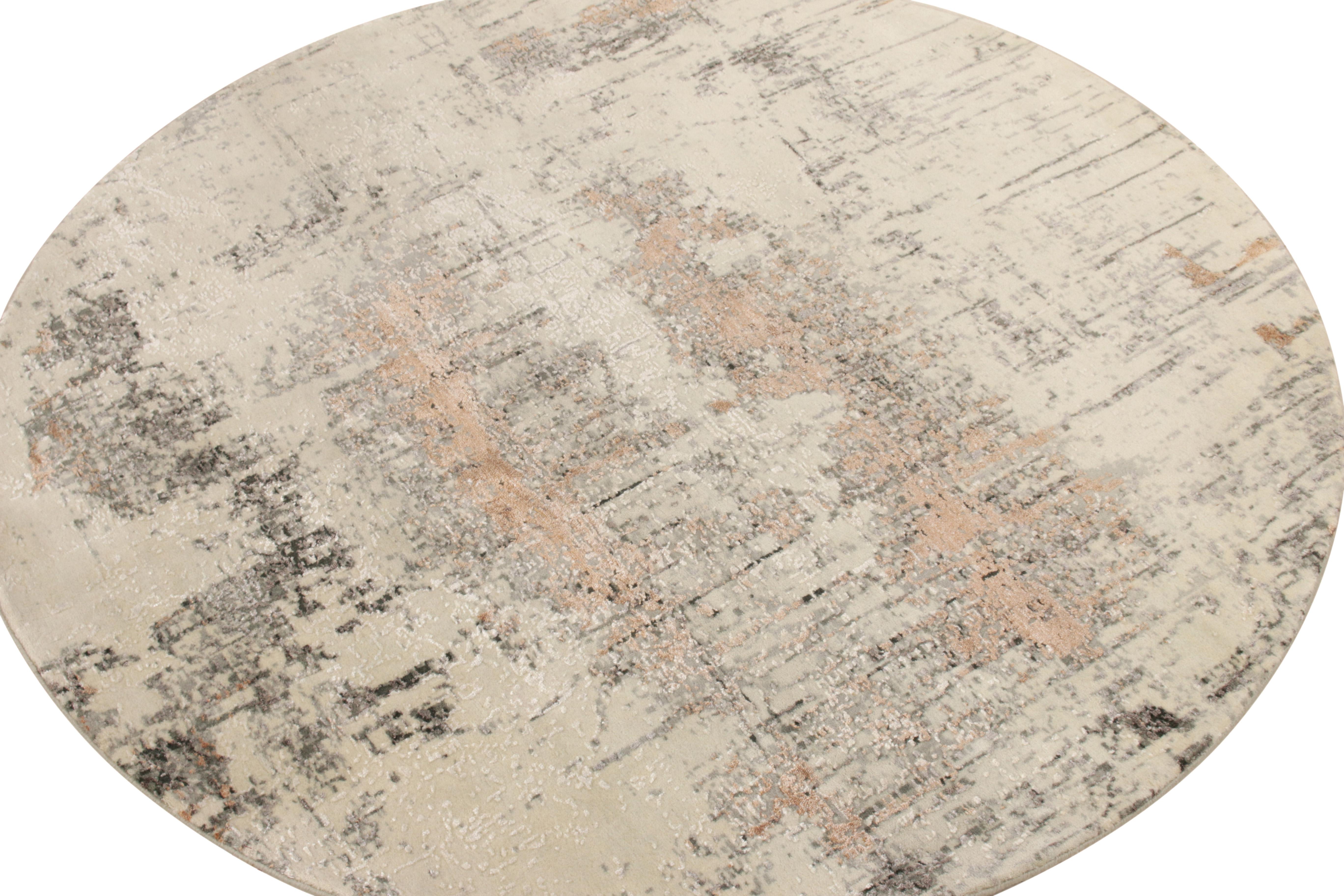Moderno Rug & Kilim è un tappeto astratto annodato a mano a forma di cerchio personalizzato in bianco, con motivo argento in vendita
