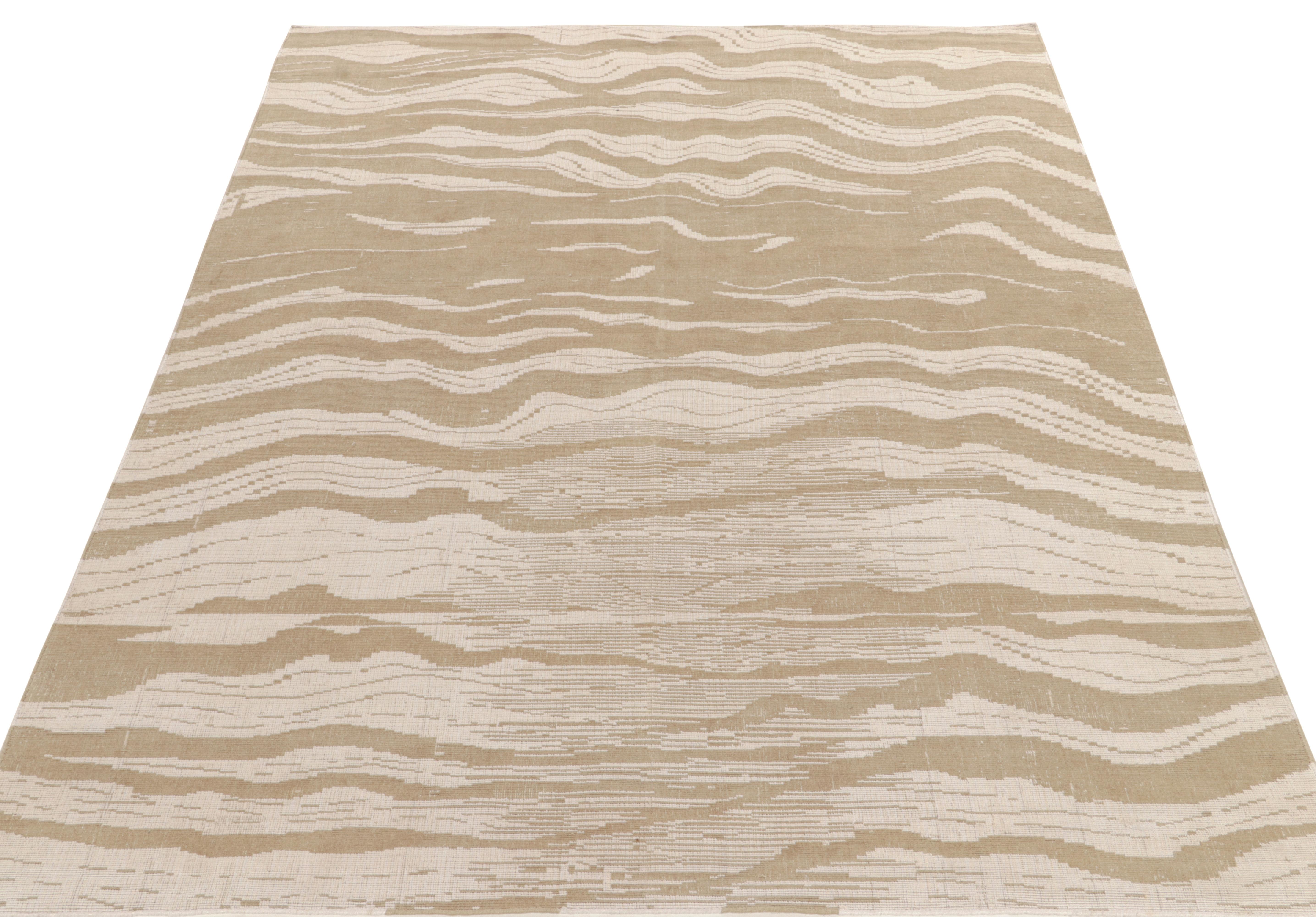 Modern Rug & Kilim's Hand-Knotted Abstract Rug in Beige-Brown Wavy Stripes For Sale