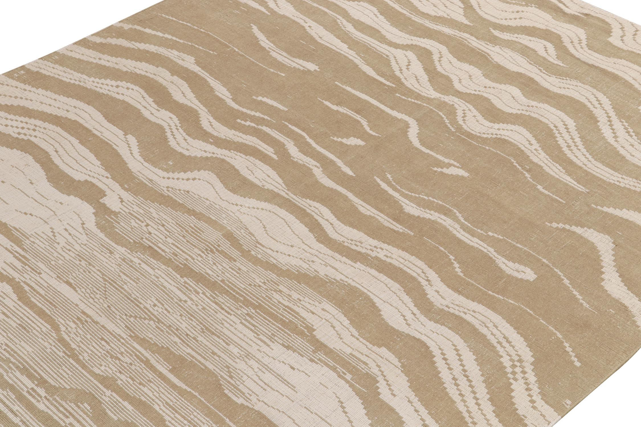 Indian Rug & Kilim's Hand-Knotted Abstract Rug in Beige-Brown Wavy Stripes For Sale