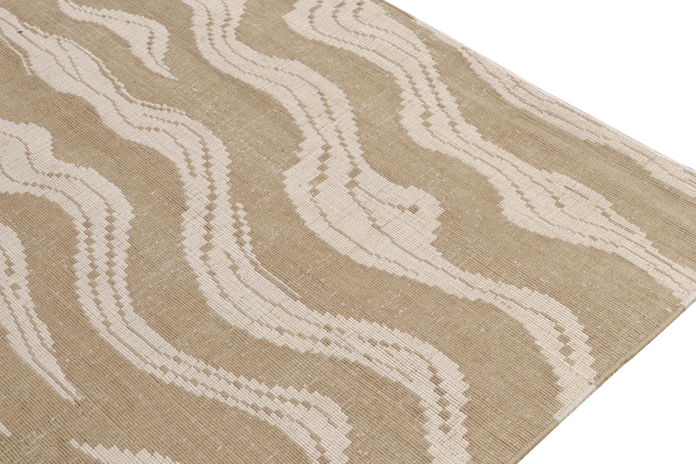 Rug & Kilim's Hand-Knotted Abstract Rug in Beige-Brown Wavy Stripes In New Condition For Sale In Long Island City, NY