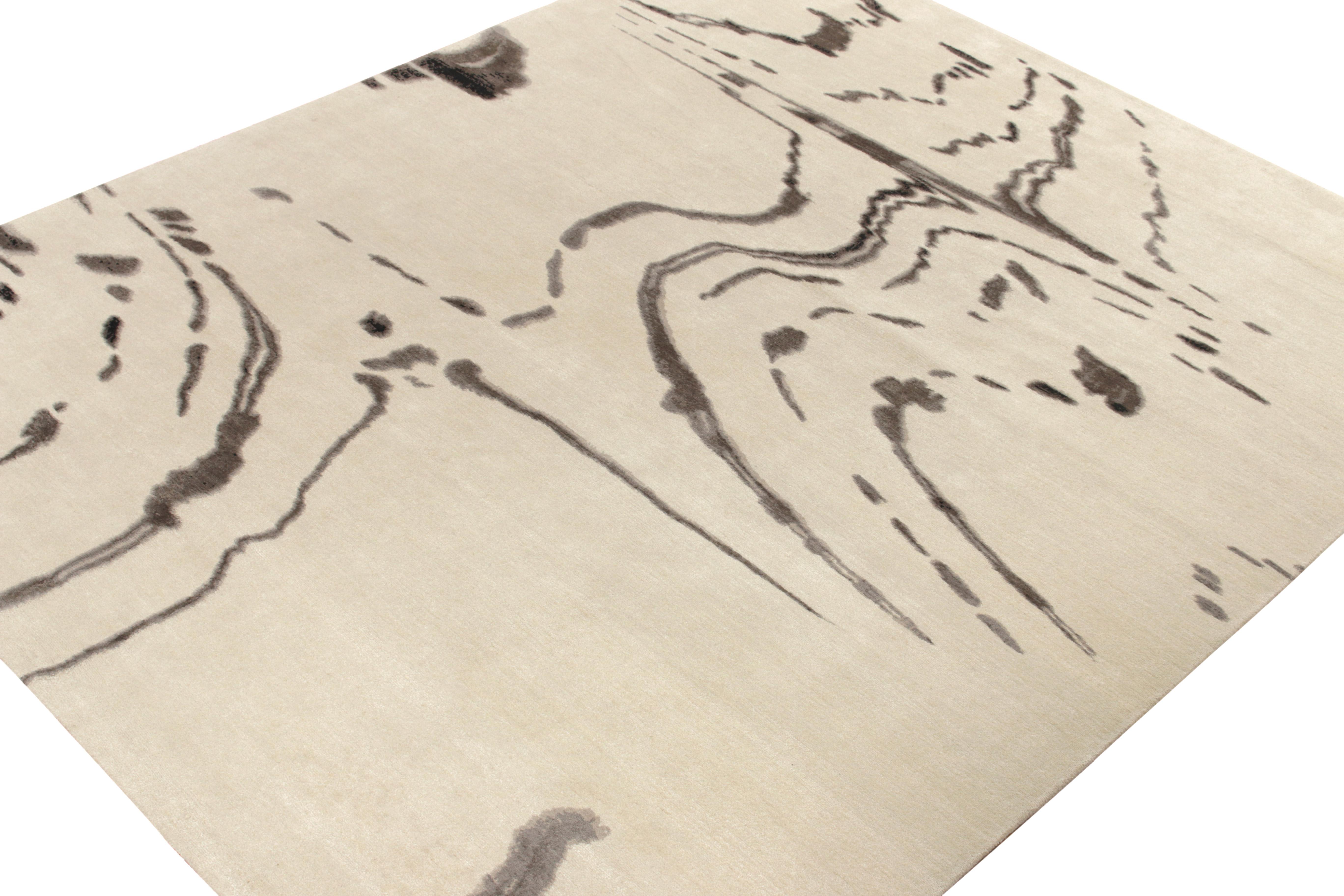 Nepalese Rug & Kilim's Hand-Knotted Abstract Rug in Beige-Brown, White and Black Pattern For Sale