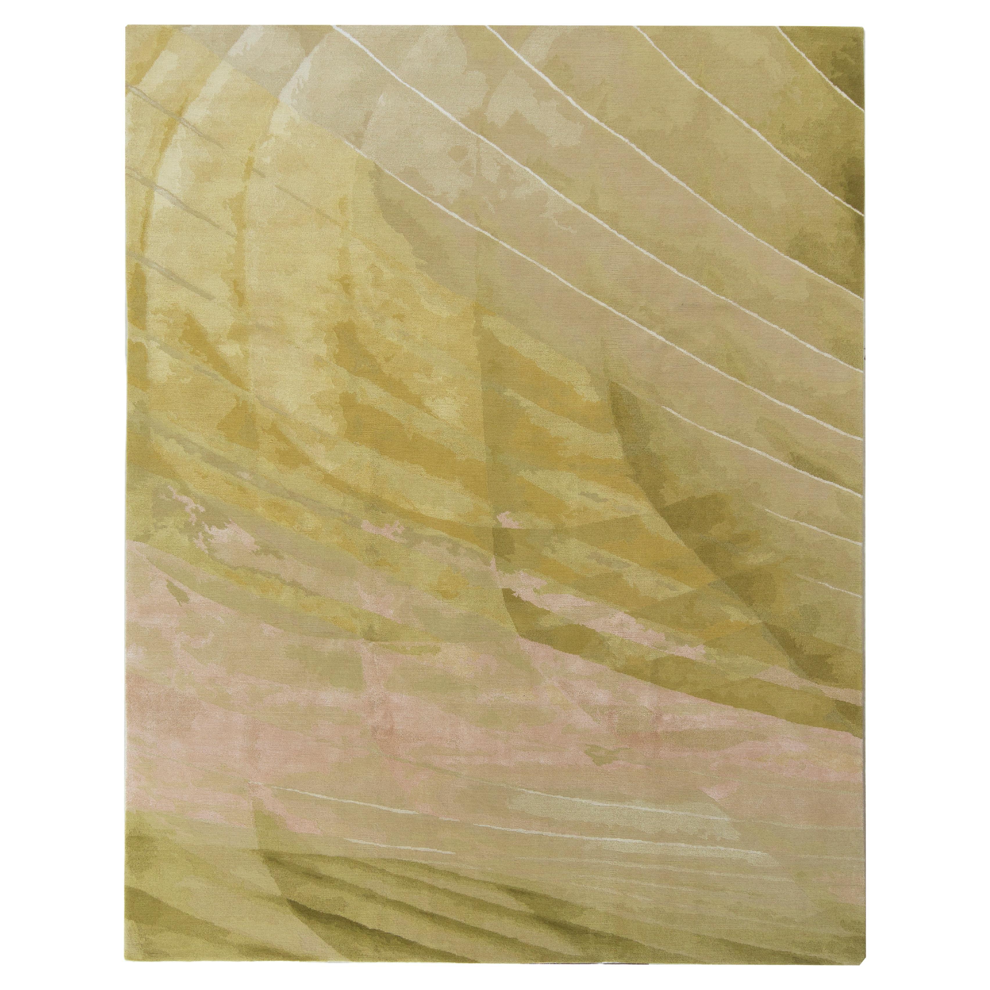 Rug & Kilim's Hand-Knotted Abstract Rug in Olive Green, Wool and Silk For Sale