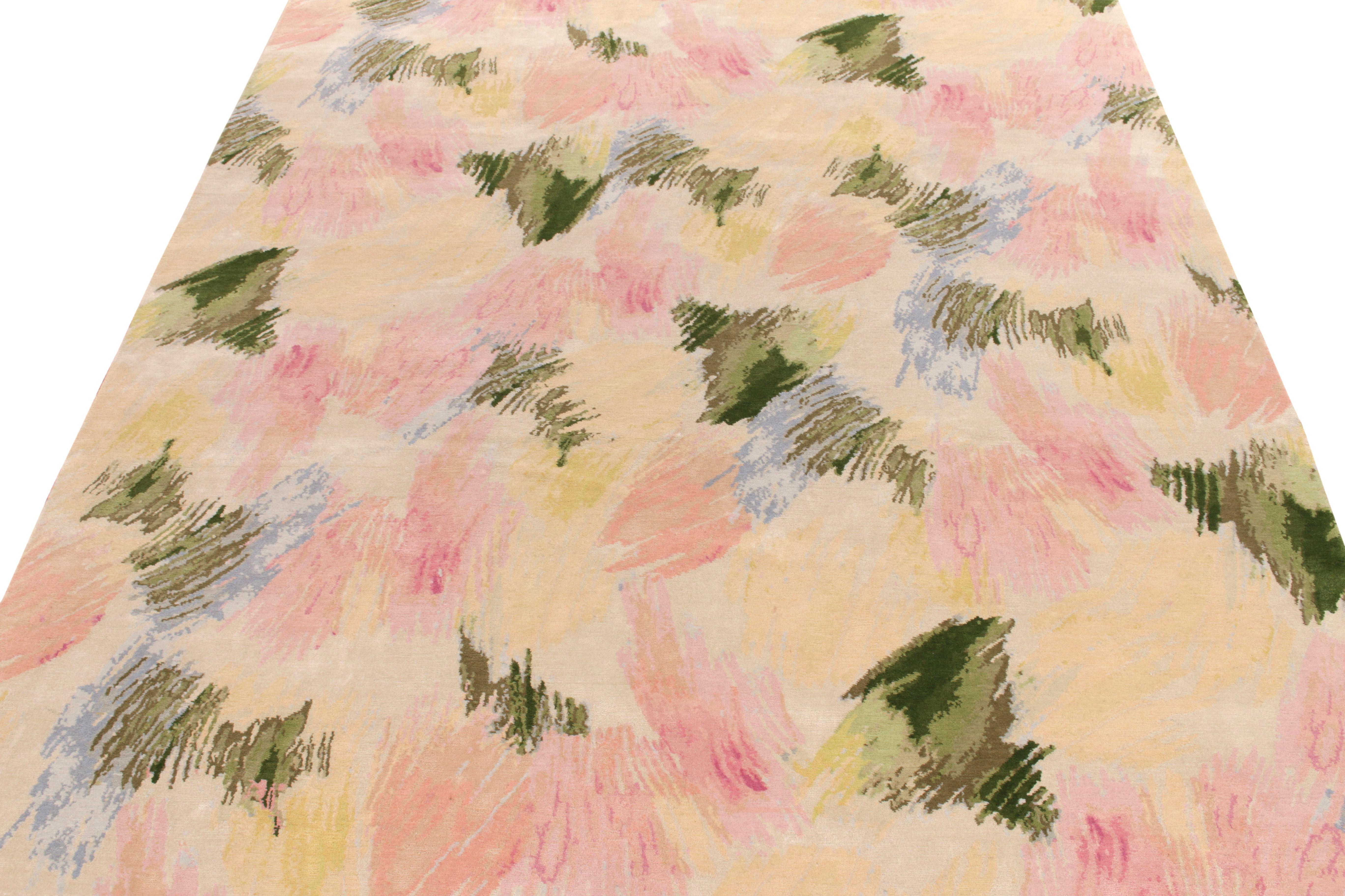An 8 x 10 modern rug from the abstract styles in Rug & Kilim’s New & Modern Collection. Hand-knotted in wool and silk, this brushstrokes homage enjoys floral tones of pastel pink & blue, green, salmon accompanying the artisan style on a garden