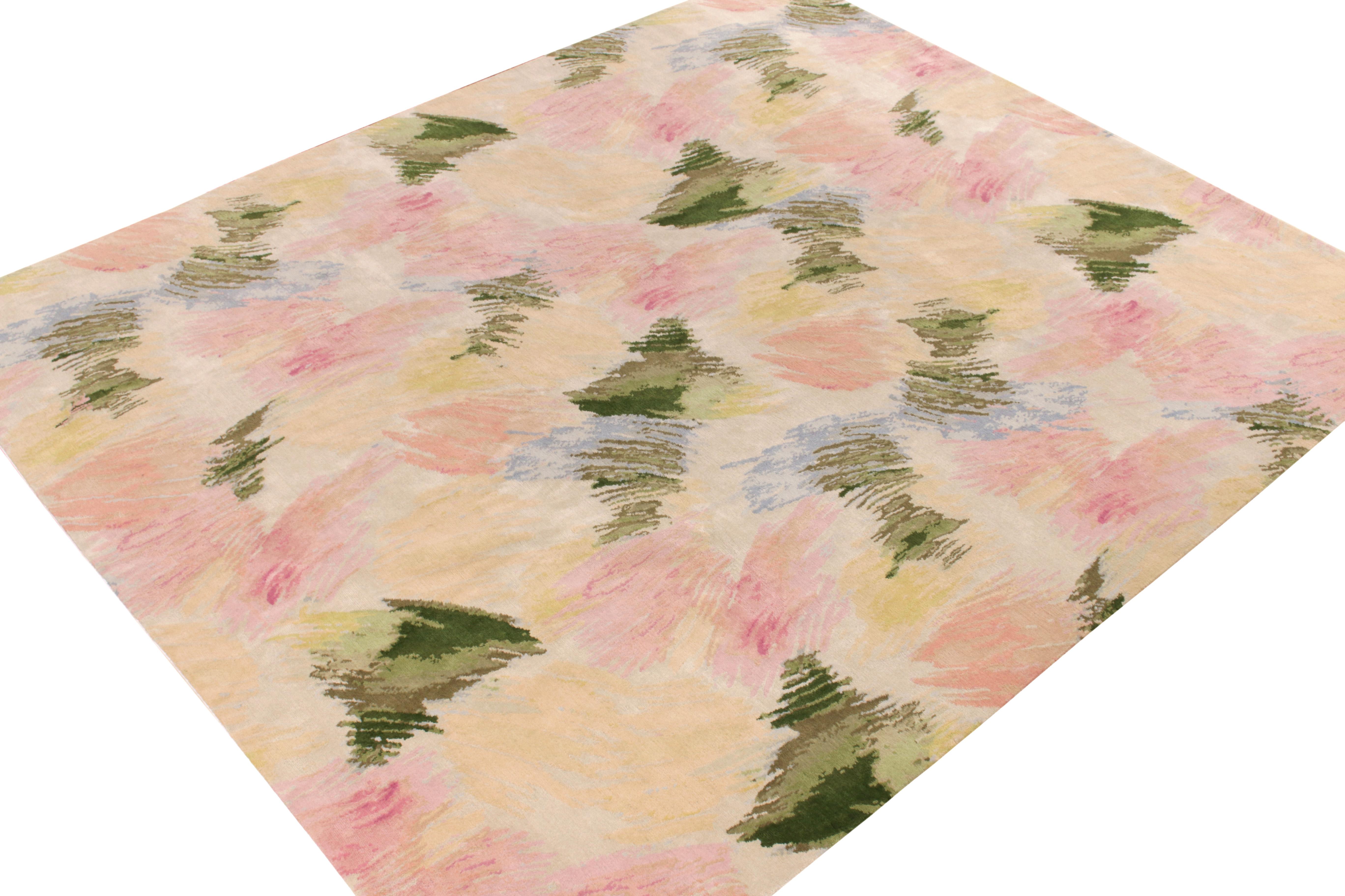 Nepalese Rug & Kilim's Hand-Knotted Abstract Rug in Pink, Green Multicolor Pattern For Sale