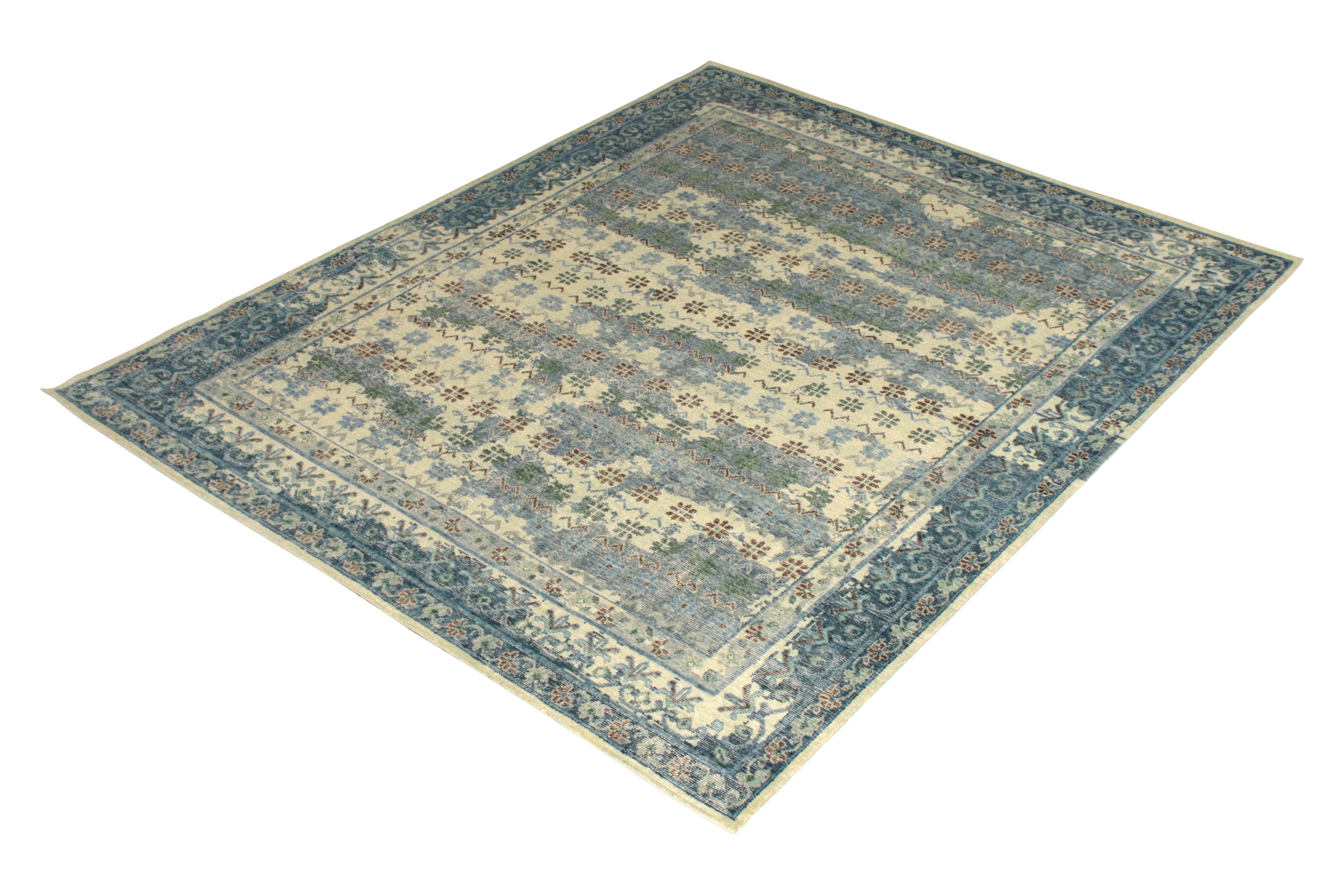 Rustic Rug & Kilim's Hand Knotted Agra Style Rug Beige Brown Distressed Floral Pattern For Sale