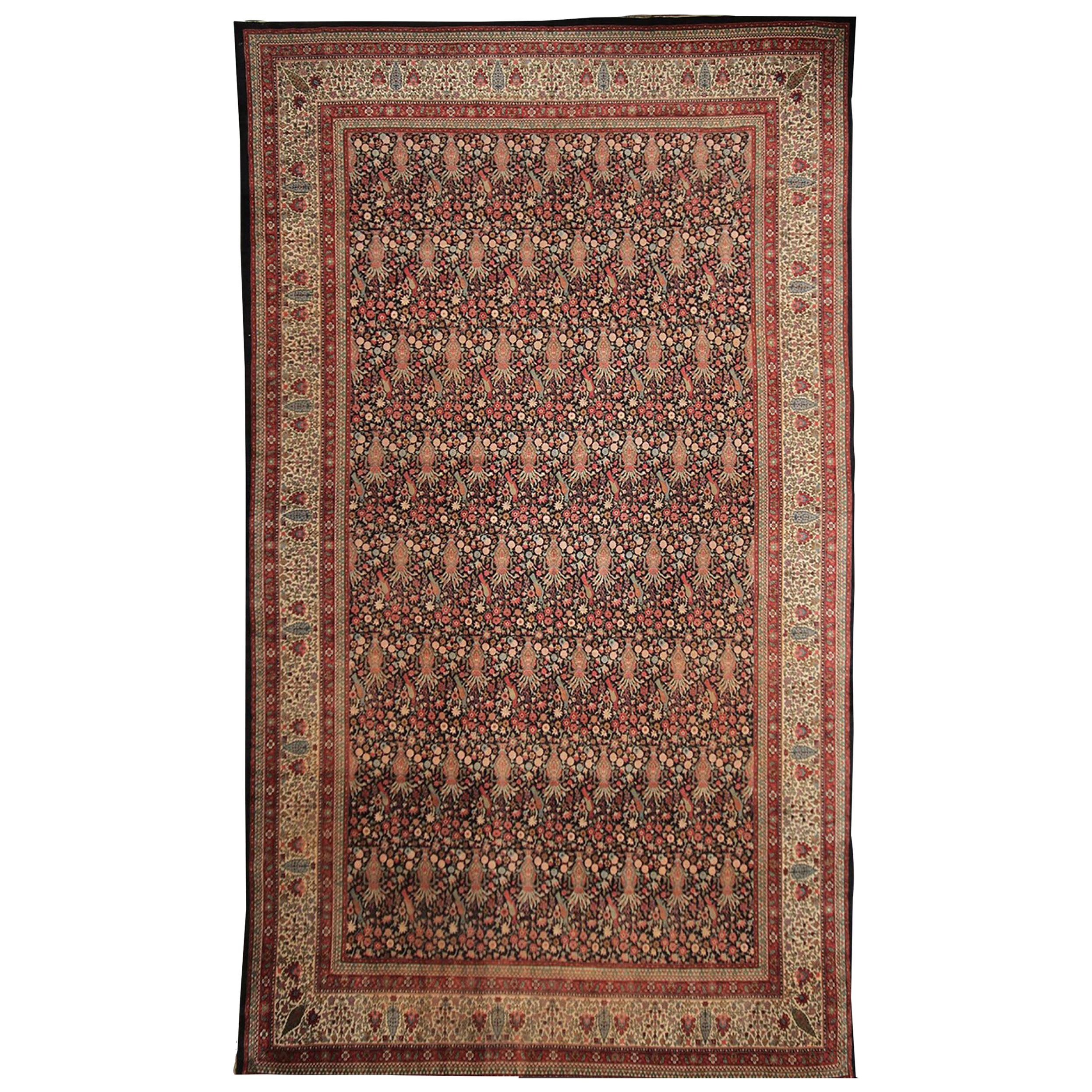 Rug & Kilim's Hand Knotted Antique Sivas Rug in Black and Red in Floral Pattern