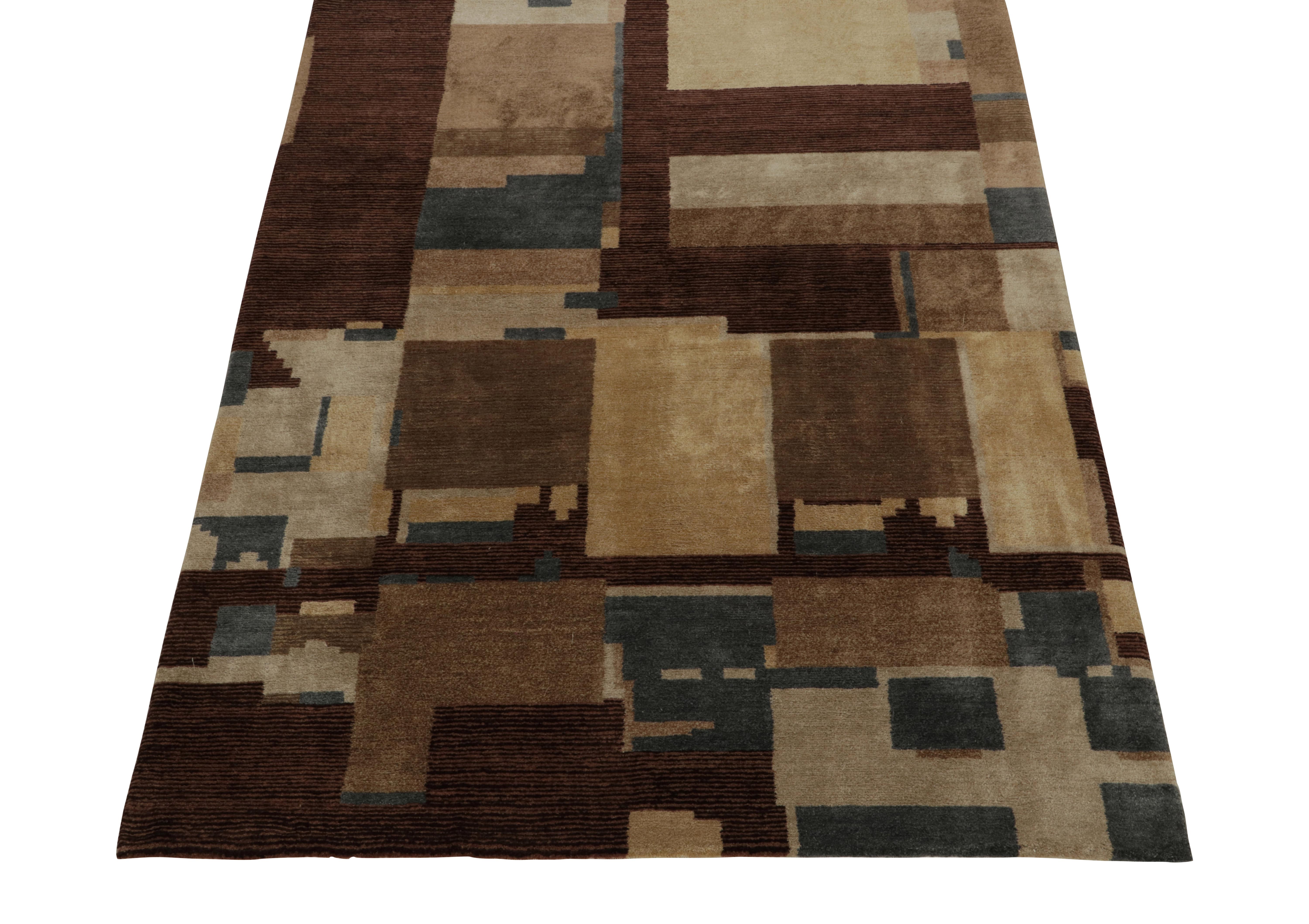 Nepalese Rug & Kilim's Hand Knotted Art Deco Rug Beige Brown Blue Cubist Pattern For Sale