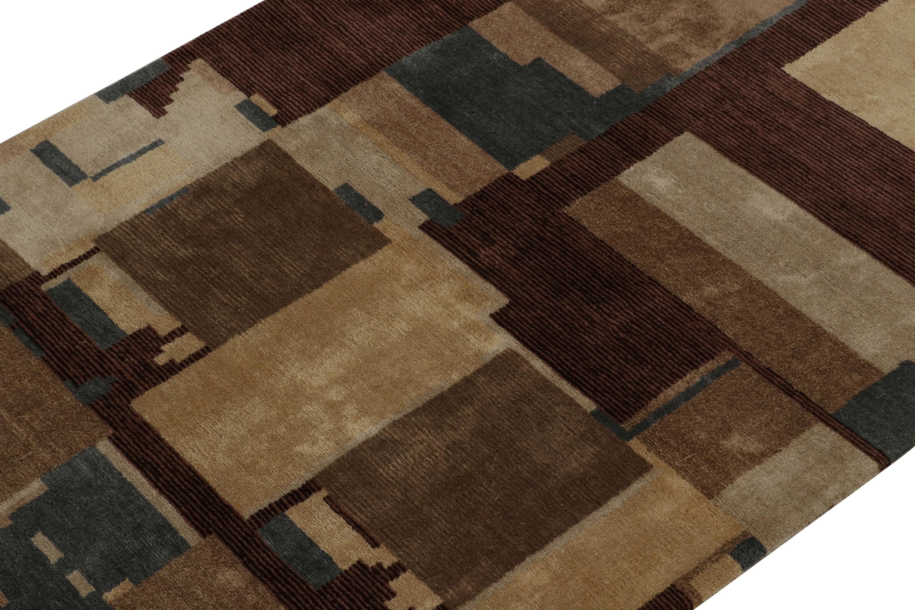 Hand-Knotted Rug & Kilim's Hand Knotted Art Deco Rug Beige Brown Blue Cubist Pattern For Sale