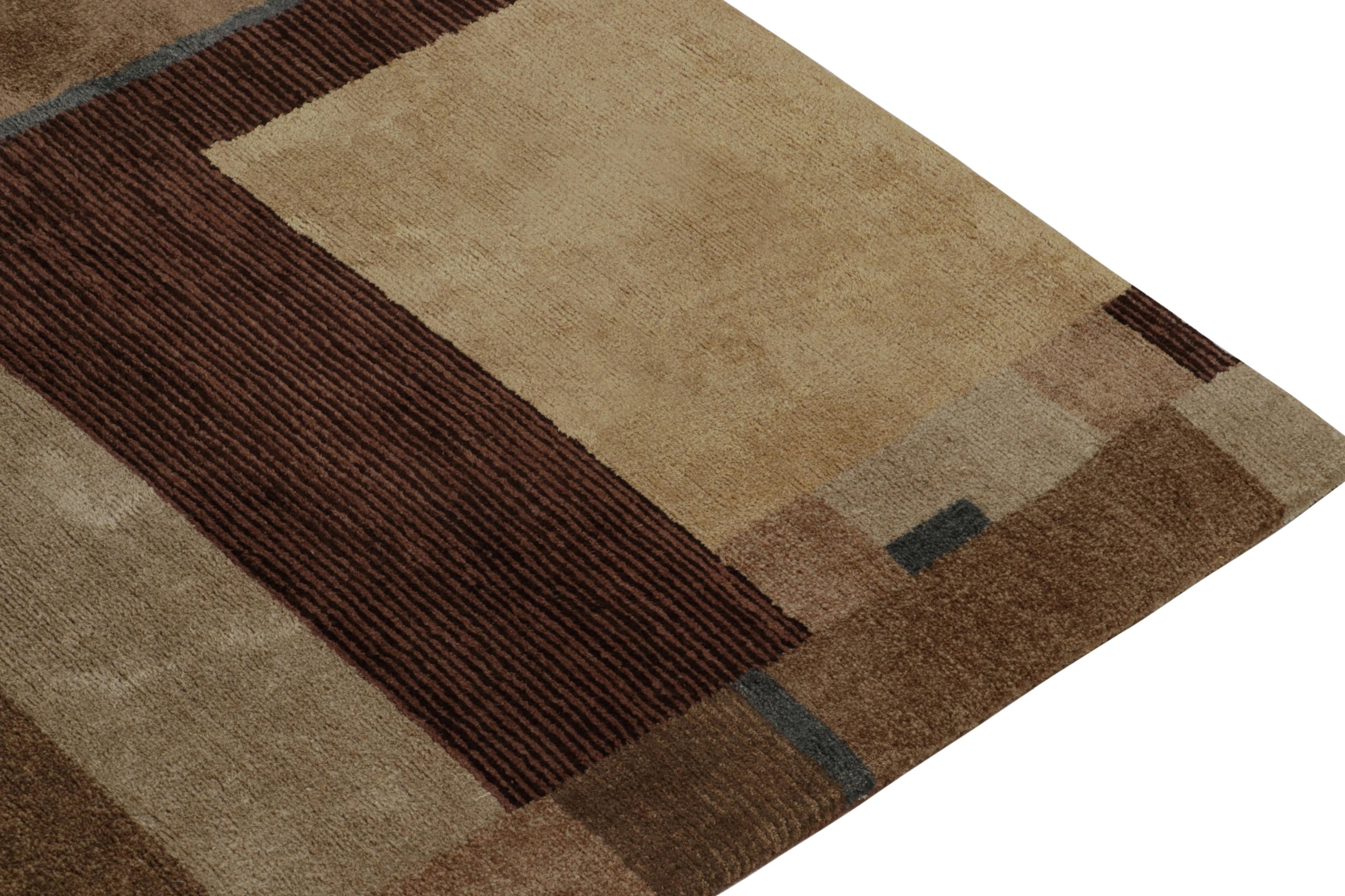 Rug & Kilim's Hand Knotted Art Deco Rug Beige Brown Blue Cubist Pattern In New Condition For Sale In Long Island City, NY
