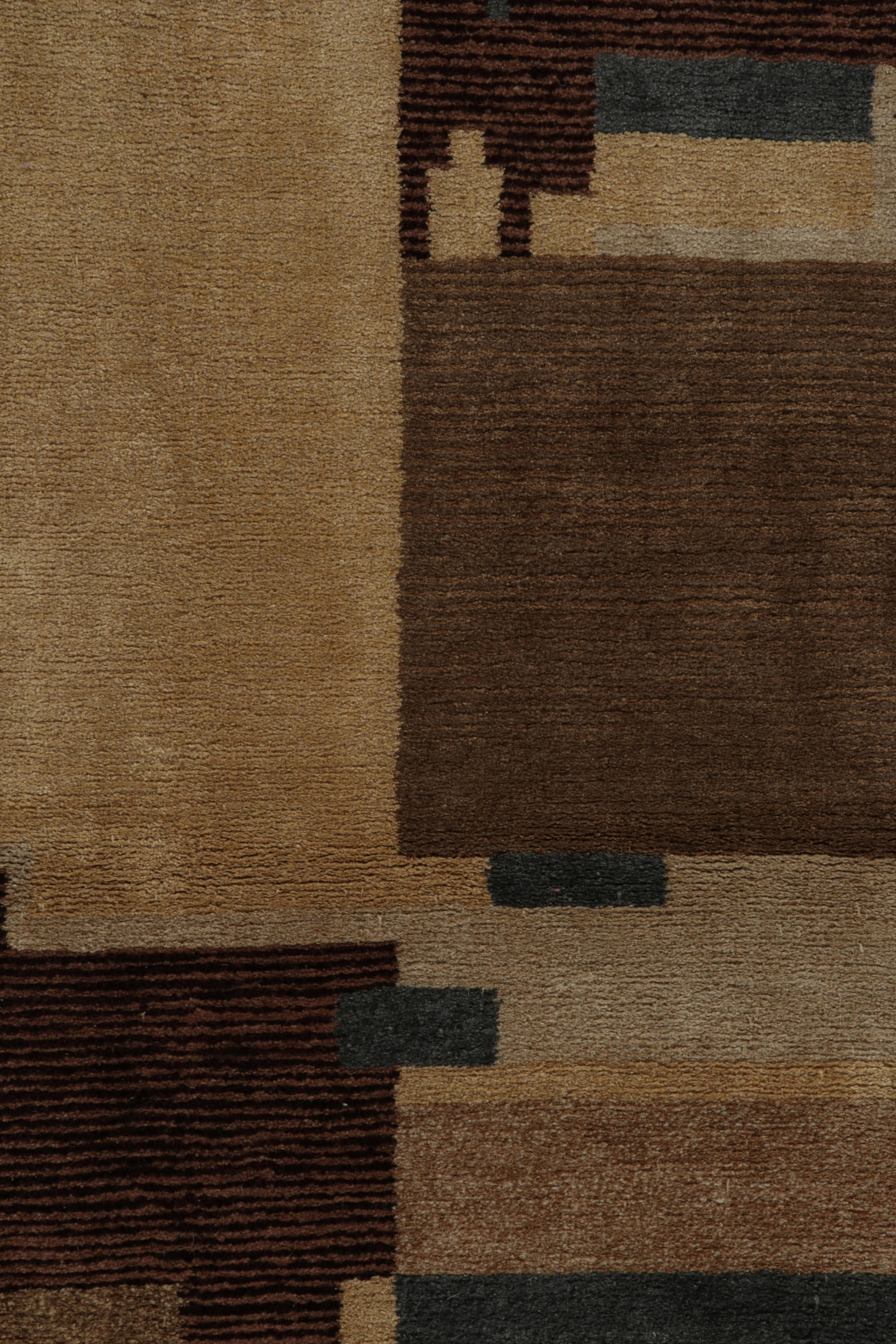 Contemporary Rug & Kilim's Hand Knotted Art Deco Rug Beige Brown Blue Cubist Pattern For Sale