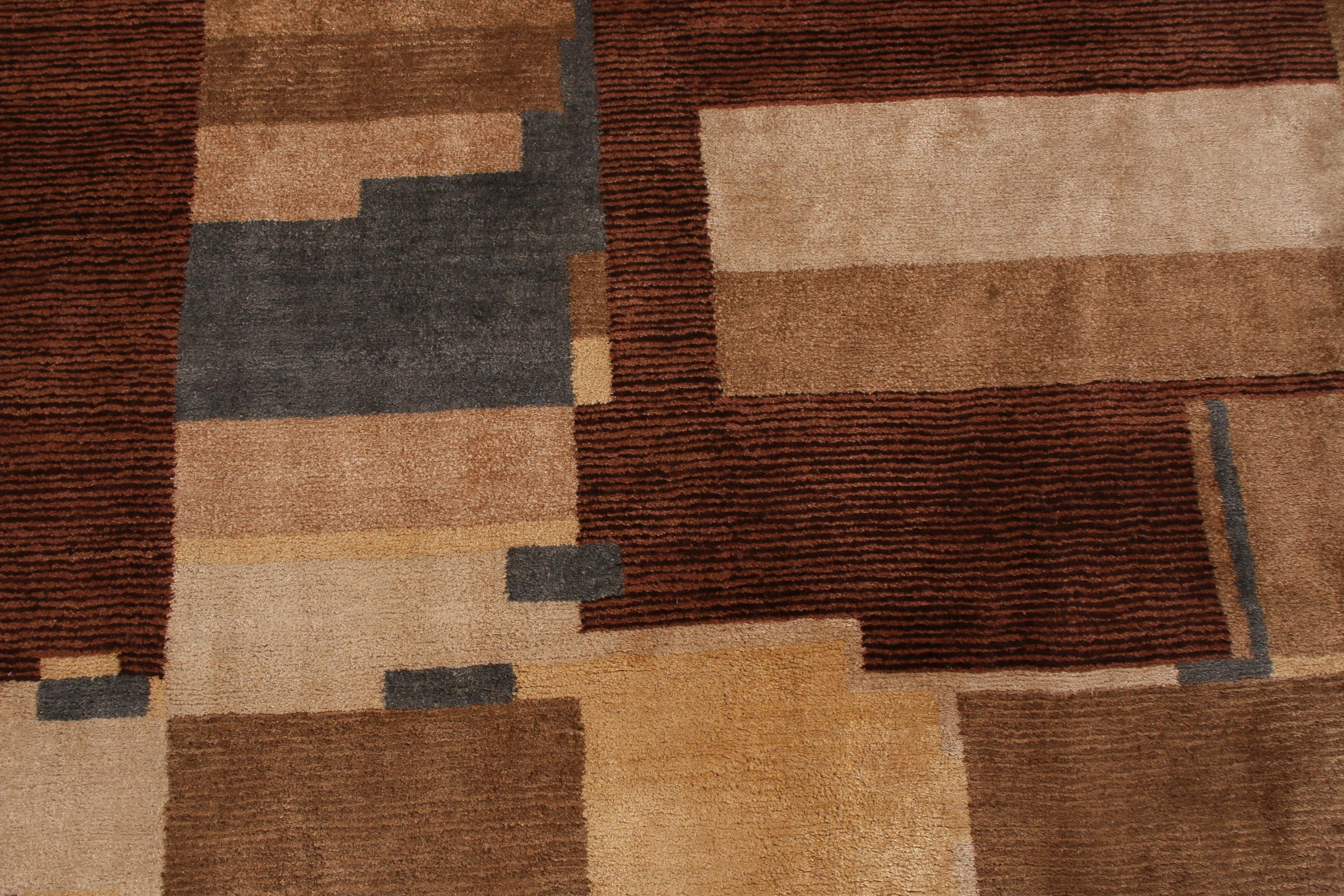 Handgeknüpfter Art-Déco-Teppich & Kelim-Teppich mit kubistischem Muster in Beige, Braun und Blau (Wolle) im Angebot