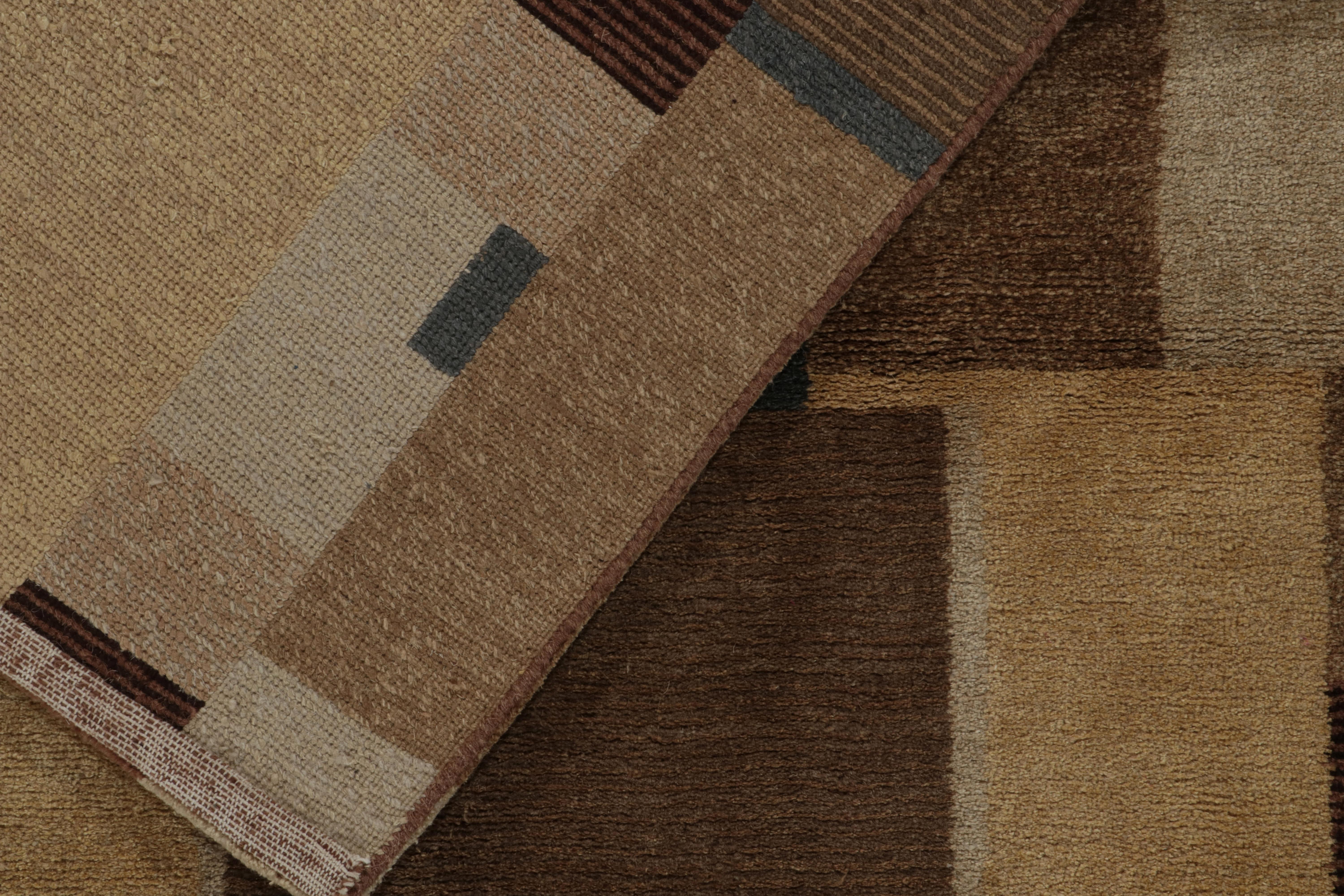 Wool Rug & Kilim's Hand Knotted Art Deco Rug Beige Brown Blue Cubist Pattern For Sale