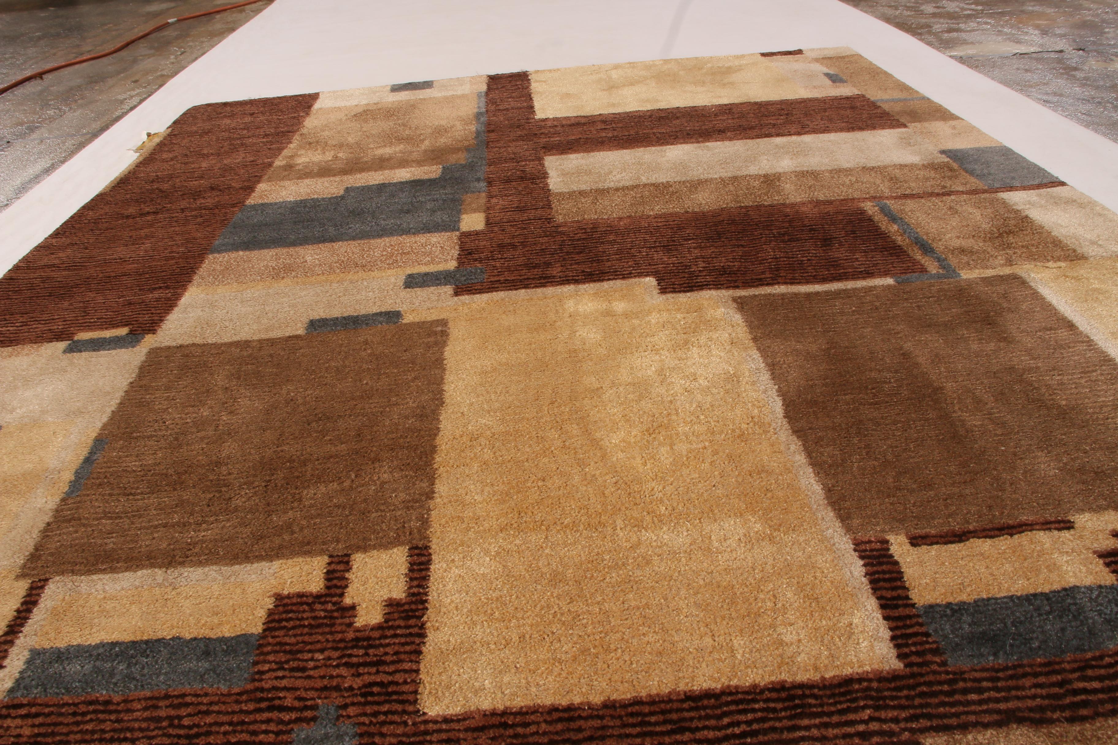 Handgeknüpfter Art-Déco-Teppich & Kelim-Teppich mit kubistischem Muster in Beige, Braun und Blau im Angebot 1