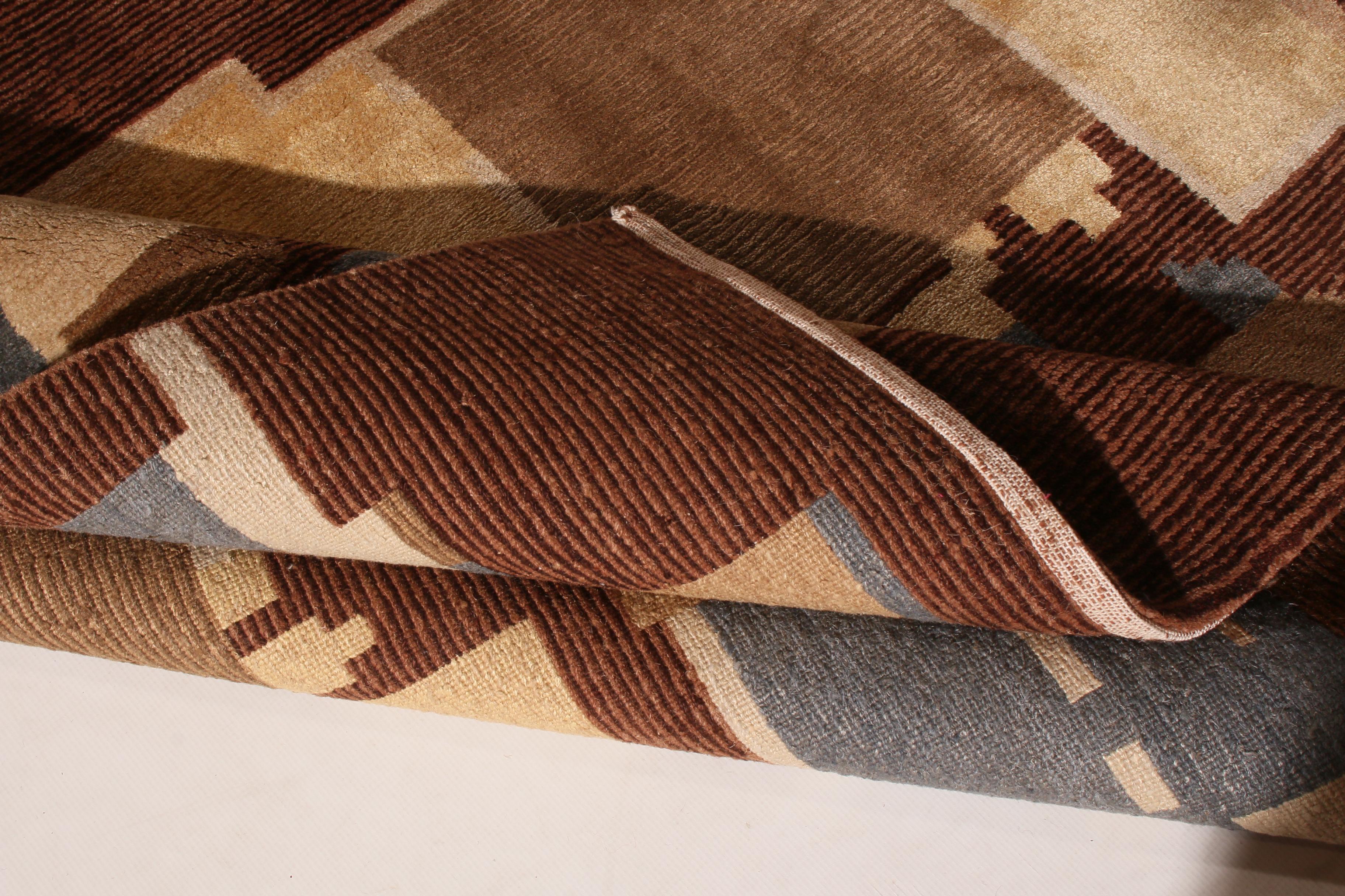 Handgeknüpfter Art-Déco-Teppich & Kelim-Teppich mit kubistischem Muster in Beige, Braun und Blau im Angebot 2