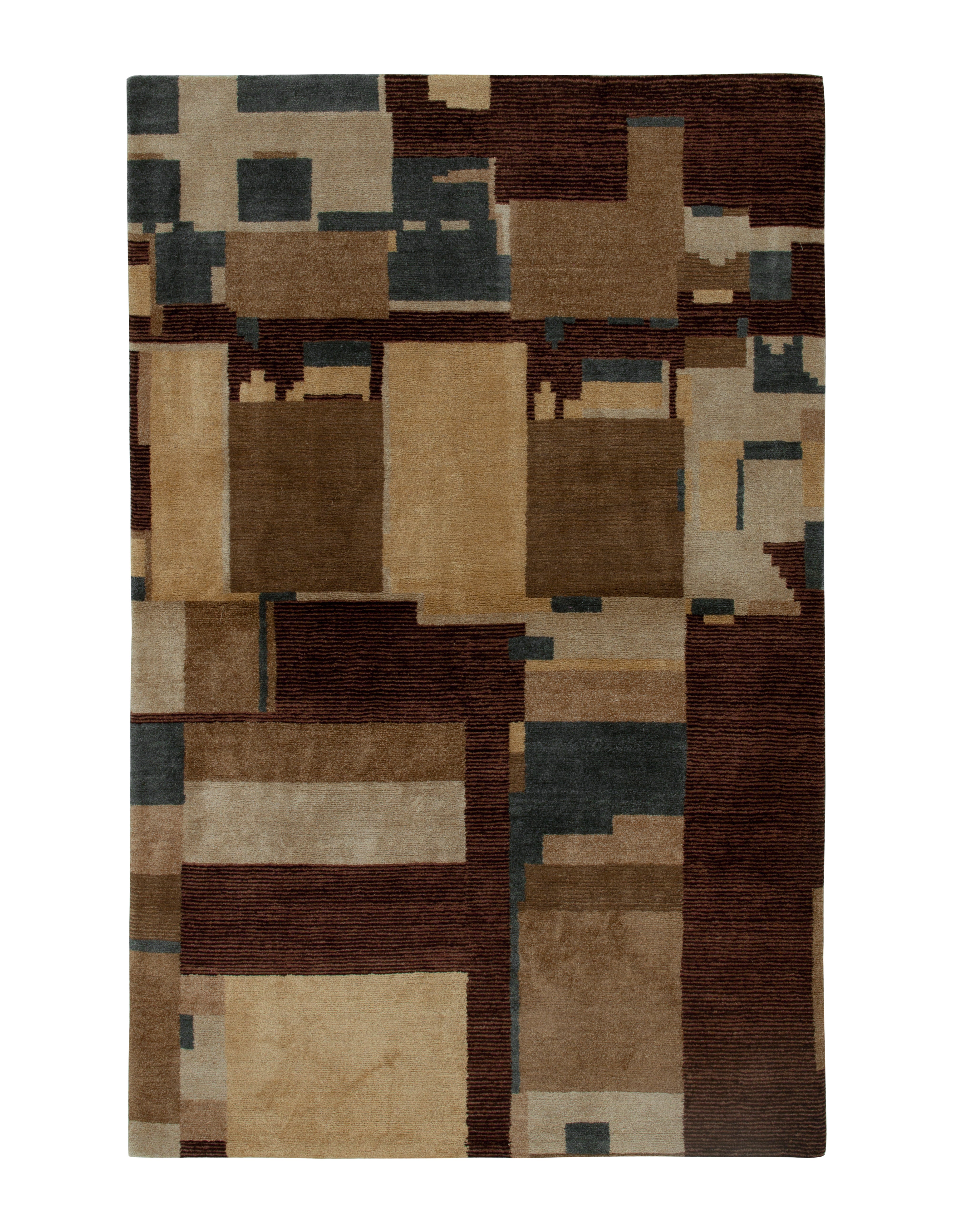 Rug & Kilim's Hand Knotted Art Deco Rug Beige Brown Blue Cubist Pattern