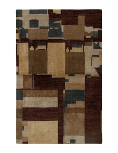 Rug & Kilim's Hand Knotted Art Deco Rug Beige Brown Blue Cubist Pattern