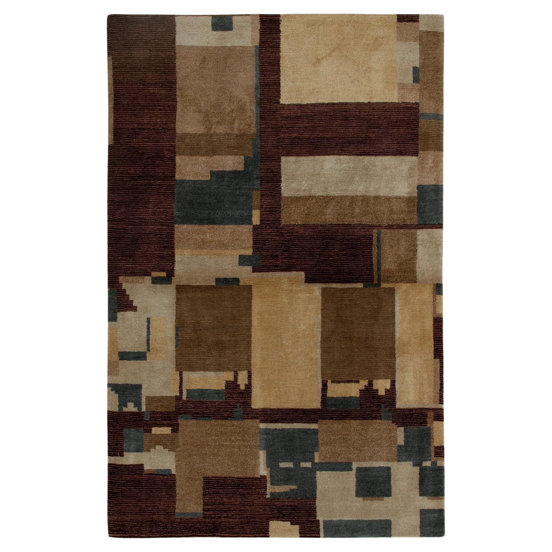 Rug & Kilim's Hand Knotted Art Deco Rug Beige Brown Blue Cubist Pattern For Sale