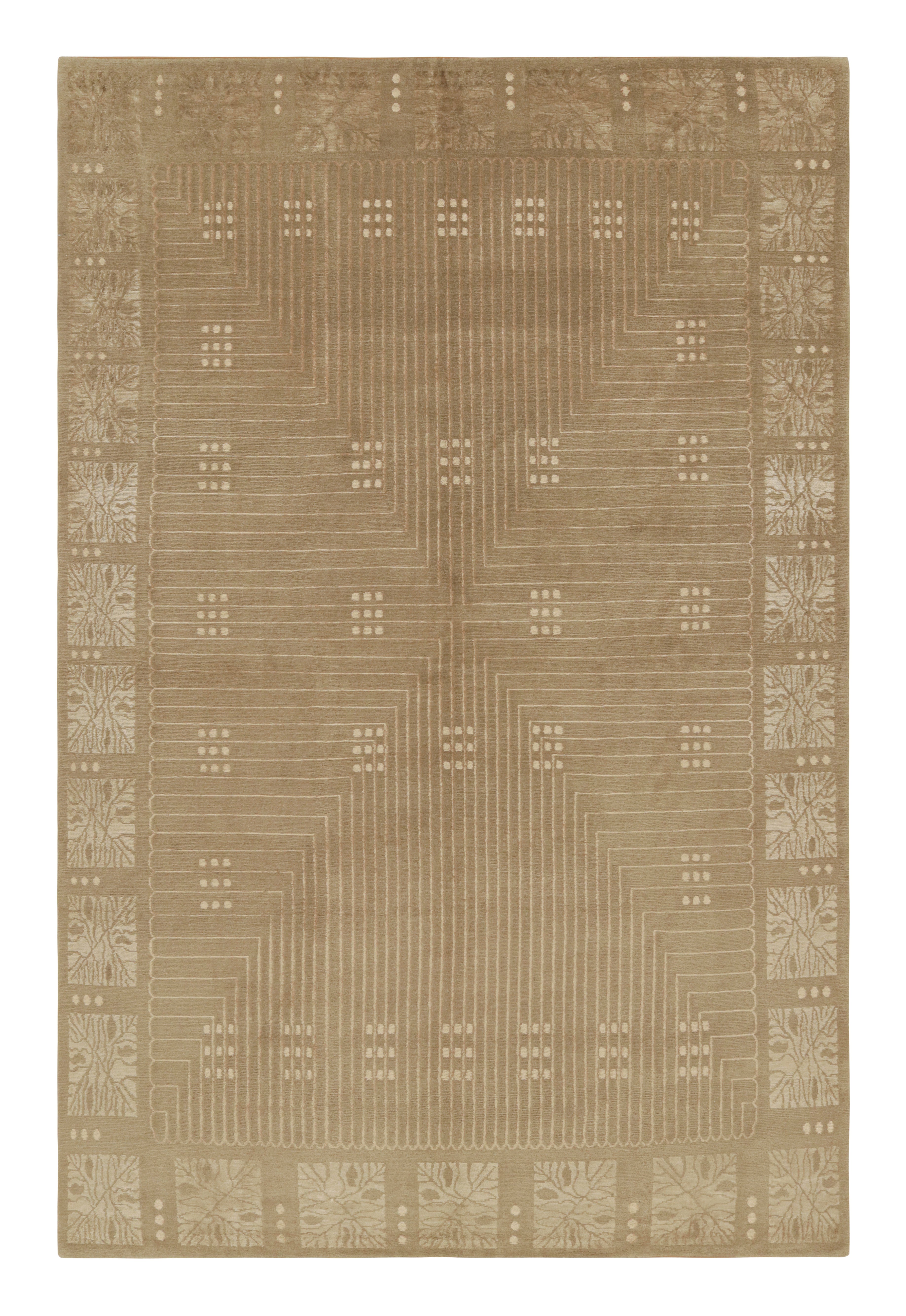 Rug & Kilim's Hand Knotted Art Deco Style Rug Beige Green Custom Pattern