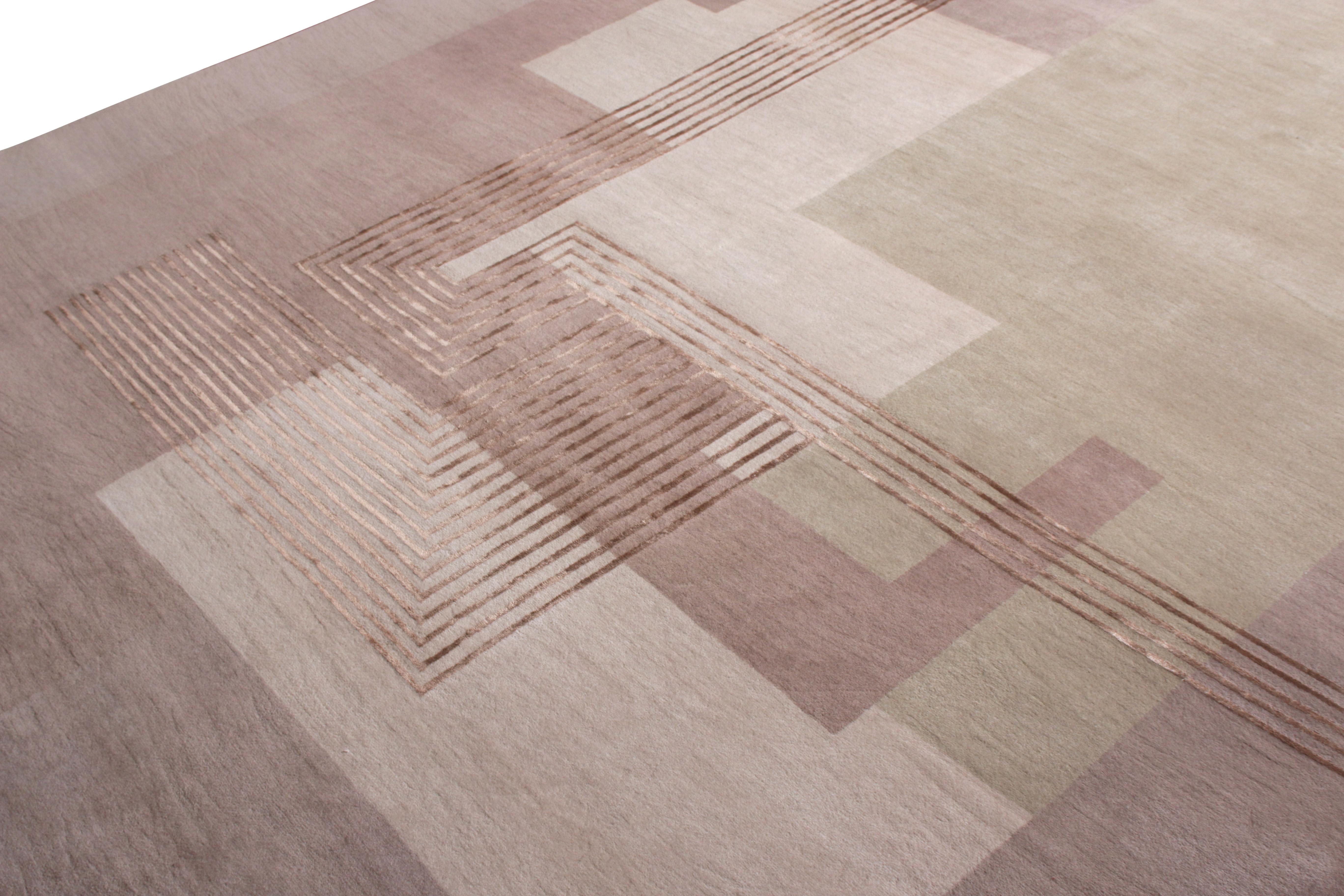 Indian Rug & Kilim's Hand Knotted Art Deco Style Rug in Pink Geometric Pattern For Sale