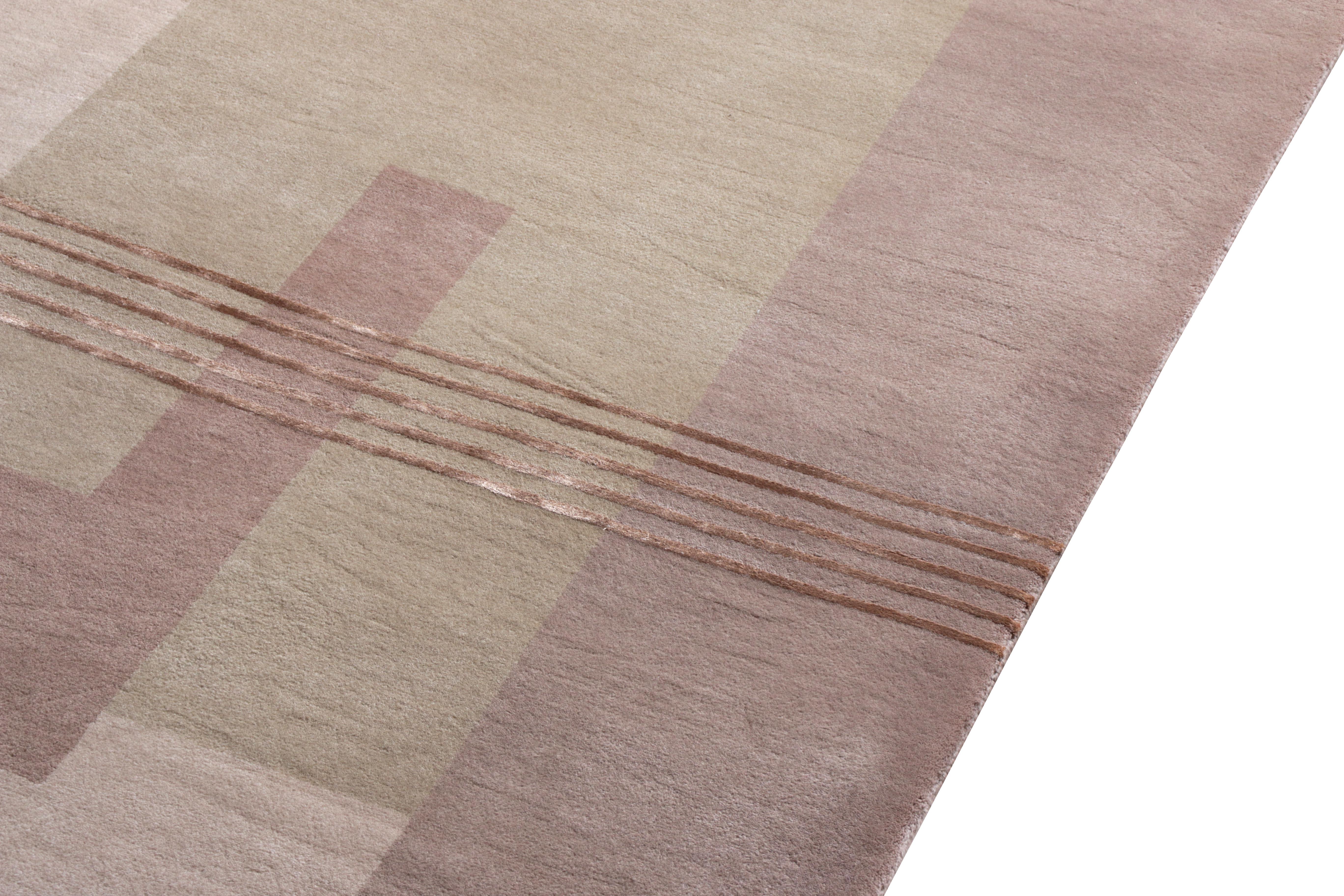 Hand-Knotted Rug & Kilim's Hand Knotted Art Deco Style Rug in Pink Geometric Pattern For Sale