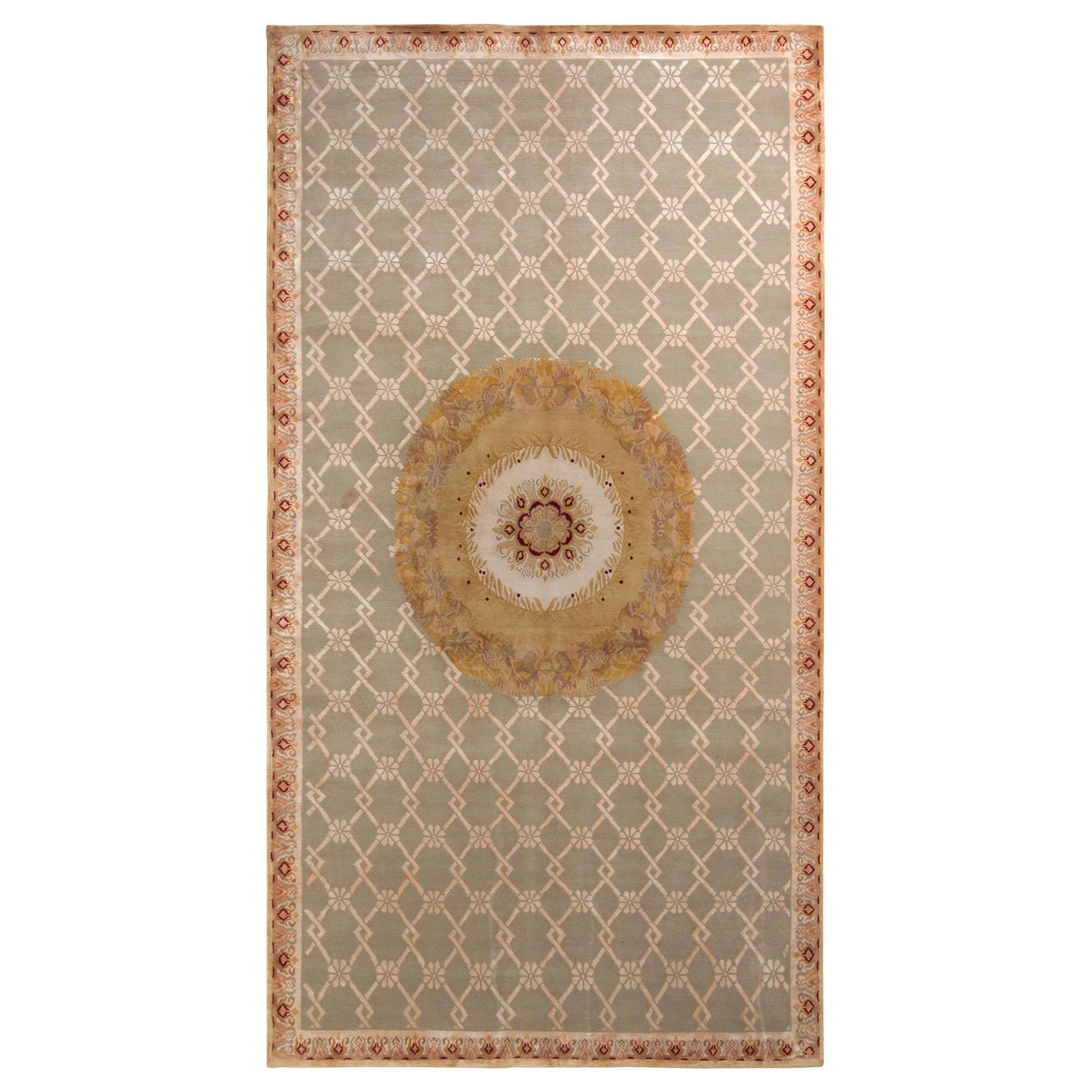 Rug & Kilim's Hand Knotted Aubusson Style Rug in Beige-Brown Medallion Pattern For Sale