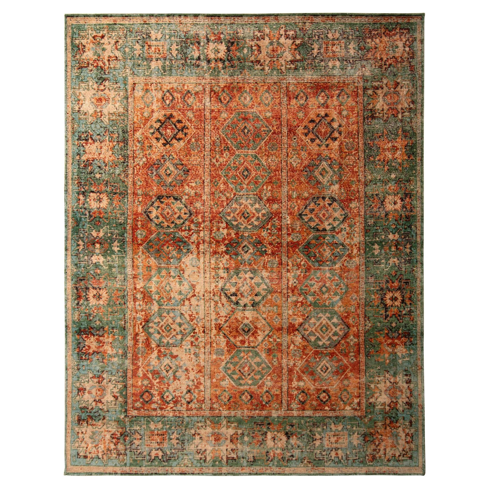 Rug & Kilim's Hand-Knotted Classic Geometric Pattern Rug with Orange Green Color