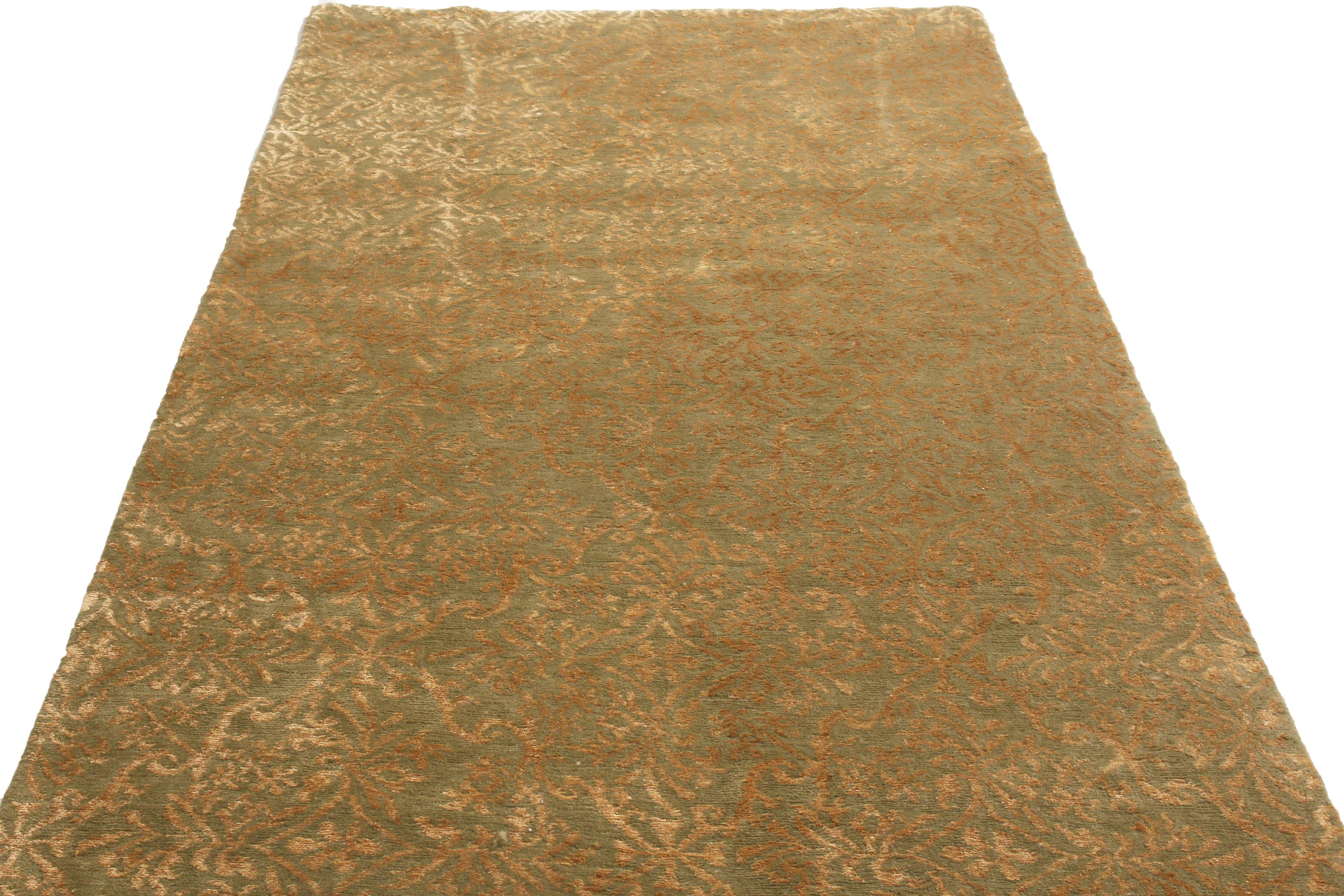 Hand-knotted in Nepal with high-quality wool and chic, luminous silk, this modern rug features a Cordoba design modeled after the titular acclaimed synagogue of Spain. Cordoba patterns are exceedingly individualistic while maintaining their