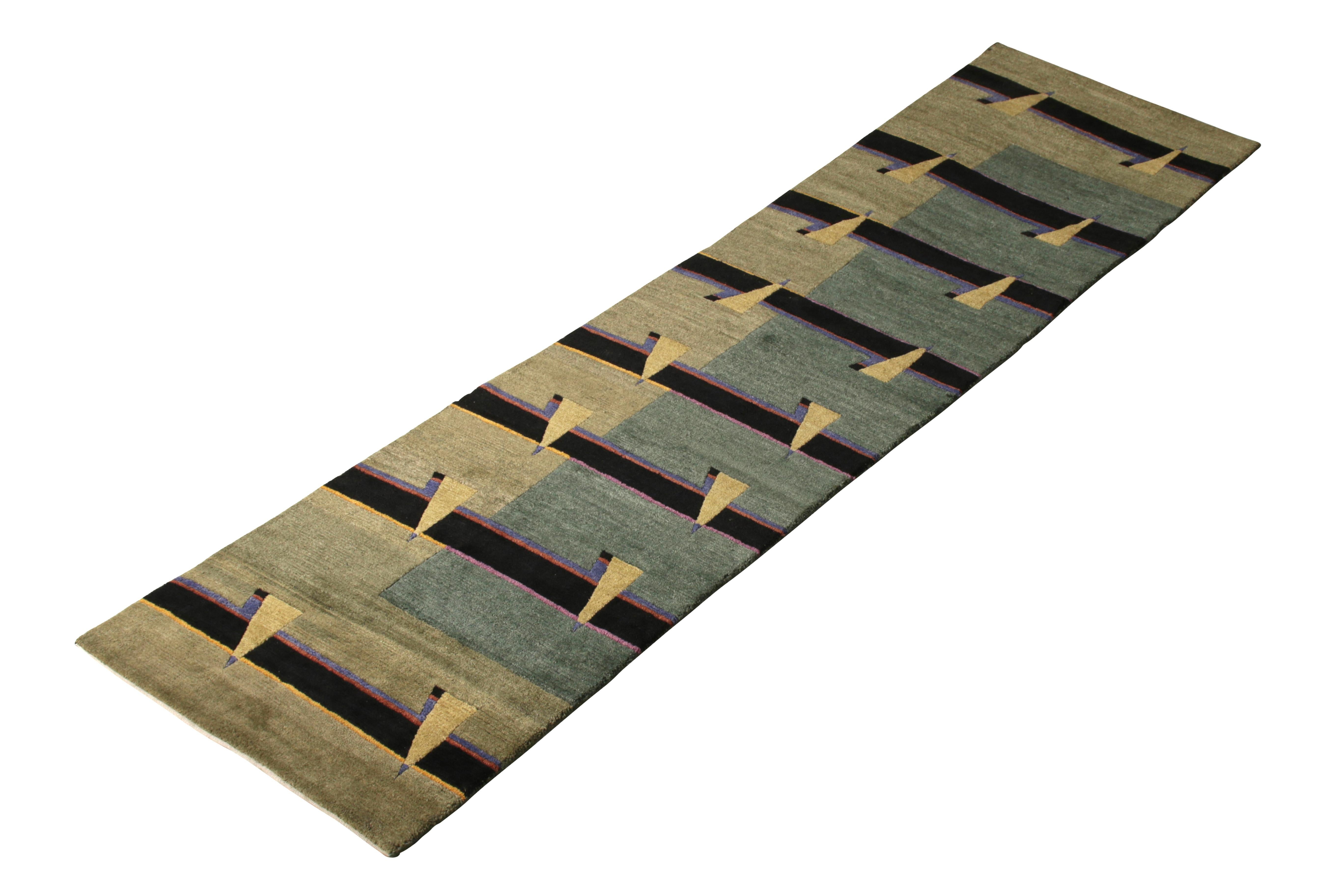 Modern Rug & Kilim’s Hand-Knotted Cubist Runner in Green and Black Striped Pattern For Sale
