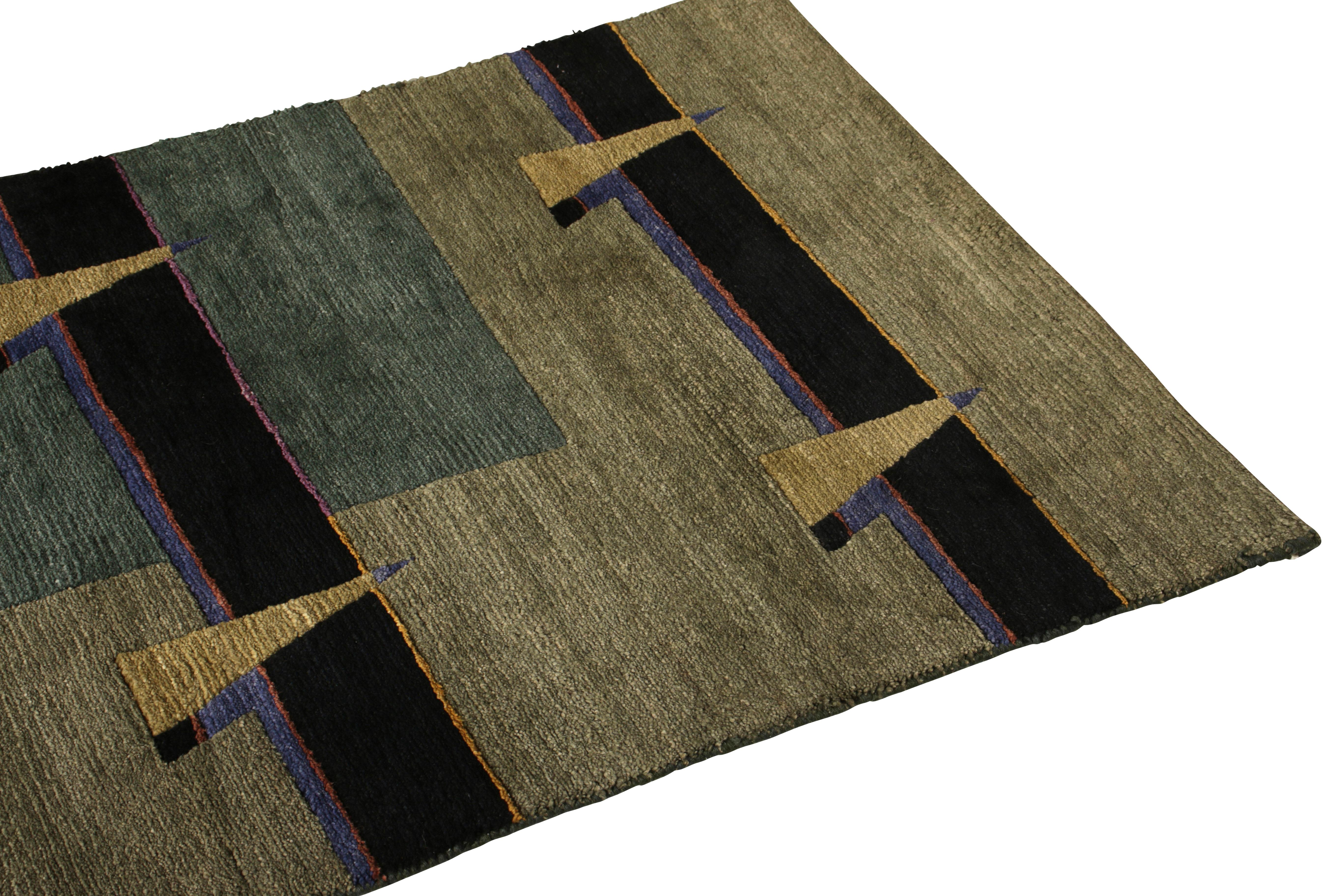 Nepalese Rug & Kilim’s Hand-Knotted Cubist Runner in Green and Black Striped Pattern For Sale