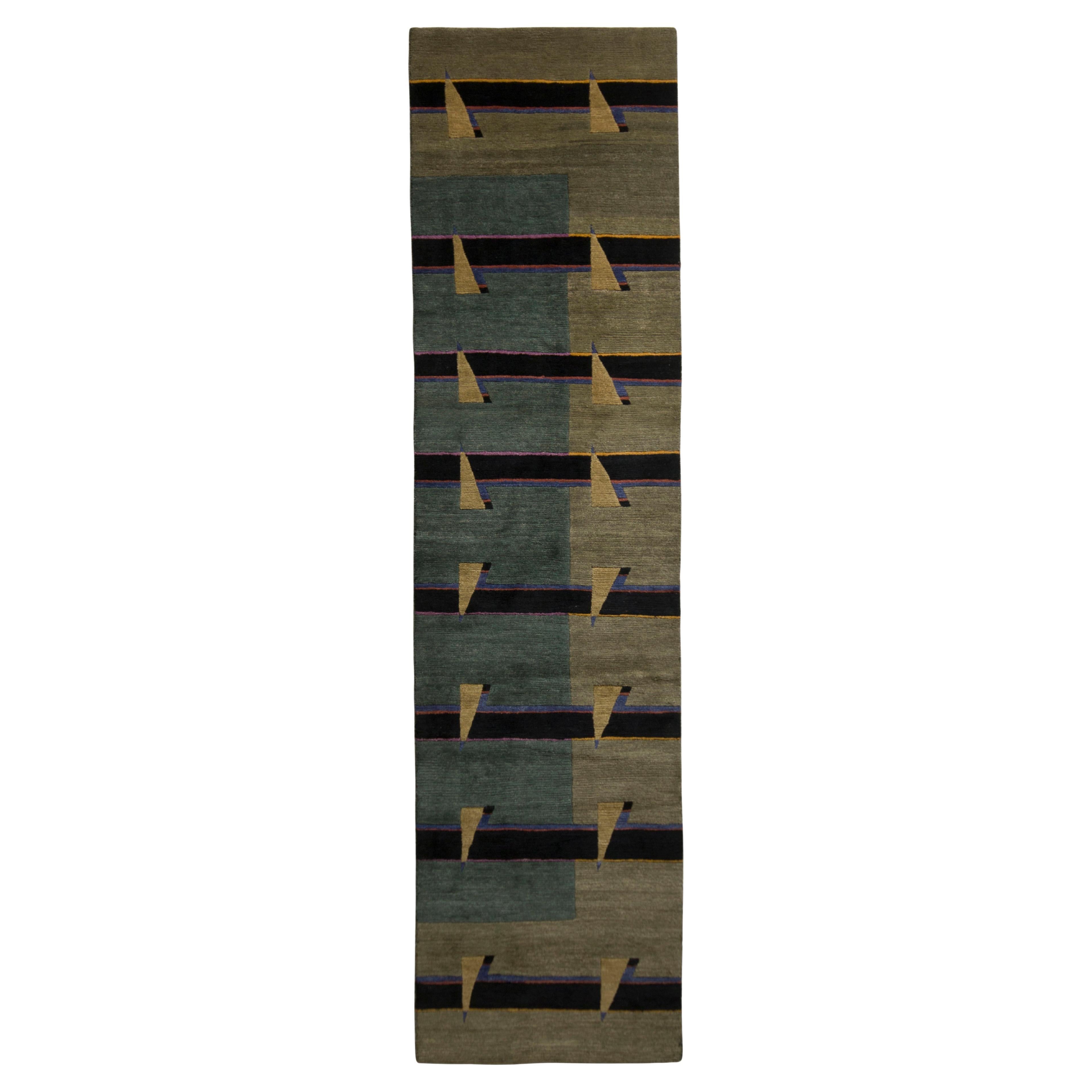 Rug & Kilim’s Hand-Knotted Cubist Runner in Green and Black Striped Pattern For Sale