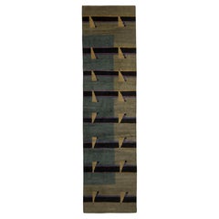 Rug & Kilim’s Hand-Knotted Cubist Runner in Green and Black Striped Pattern