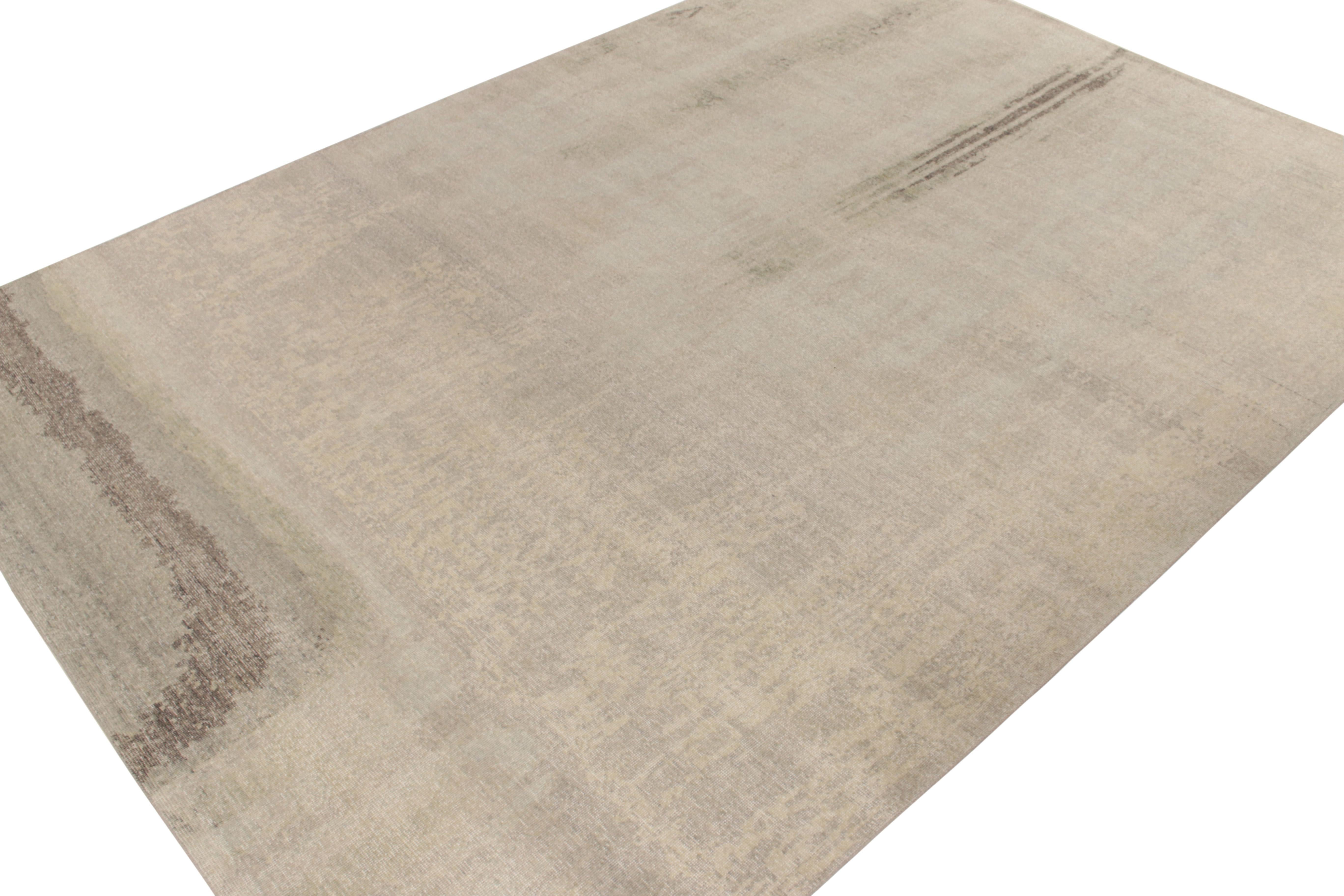 Indian Rug & Kilim's Hand-Knotted Distressed Style Abstract Rug in Beige, Grey Pattern For Sale