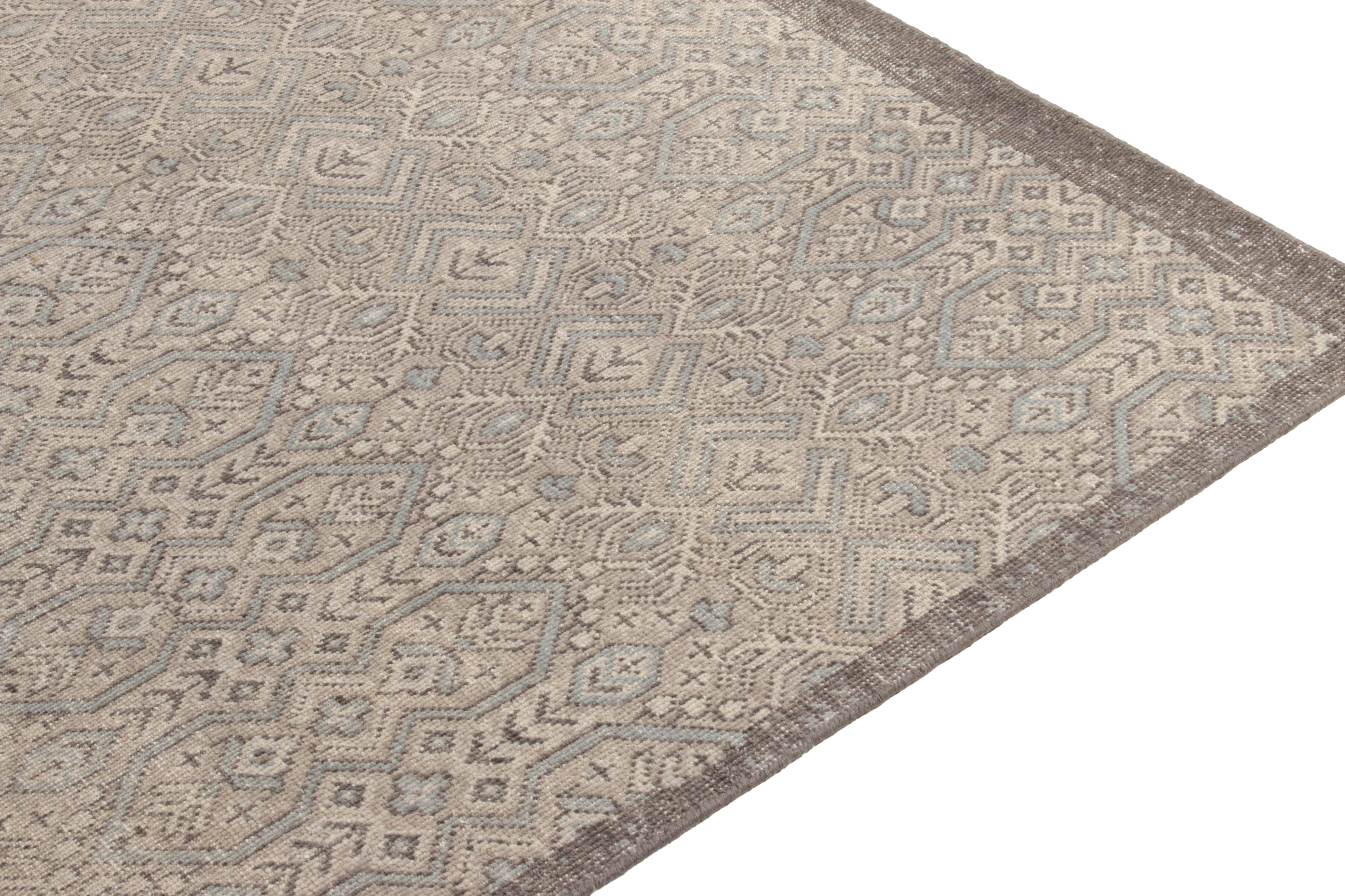 Rug & Kilim's Hand-Knotted Distressed Style Rug, Gray, Blue Geometric Pattern In New Condition For Sale In Long Island City, NY