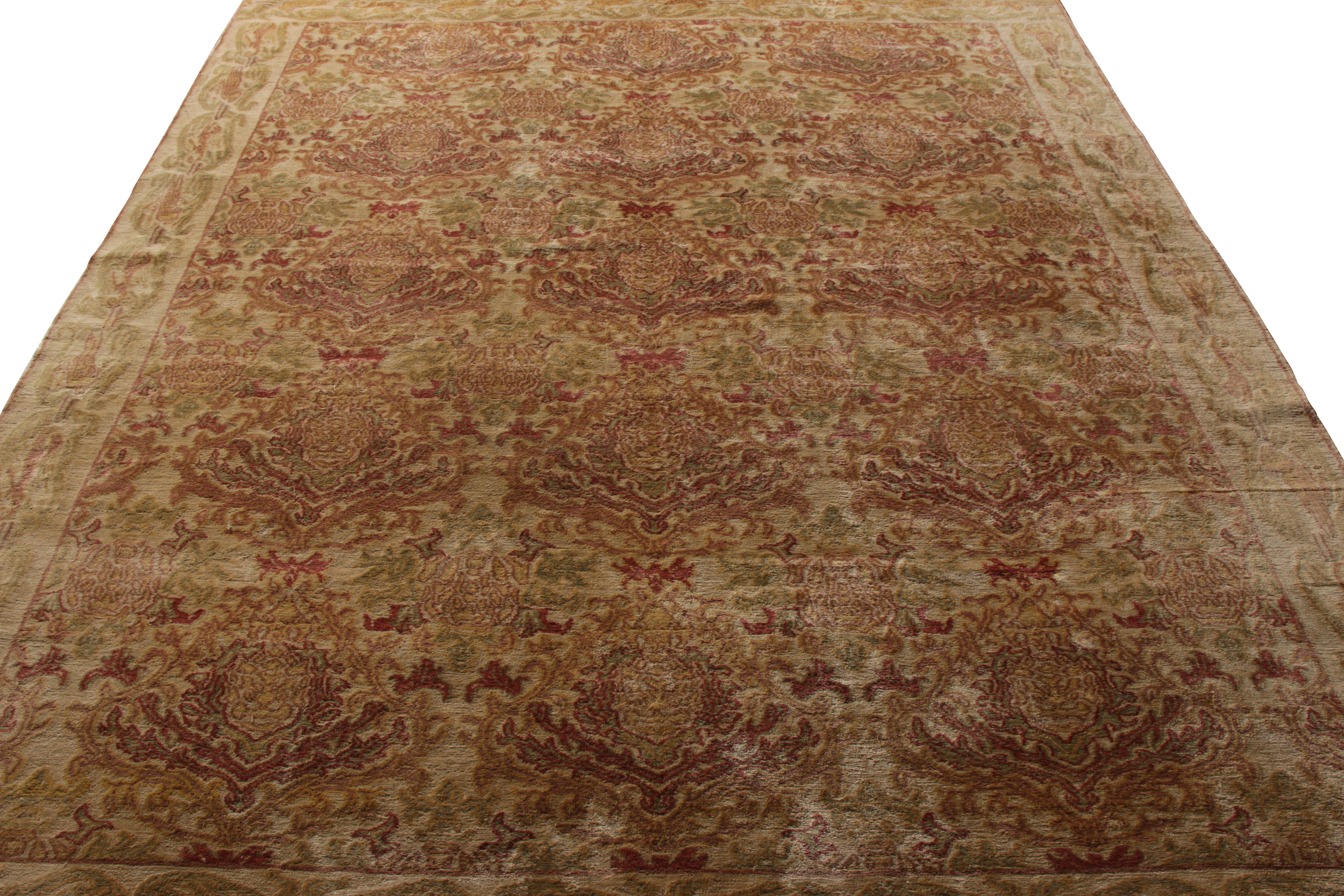 Art Deco Rug & Kilim's Hand Knotted European Style Rug Beige Brown Pink Floral Pattern For Sale