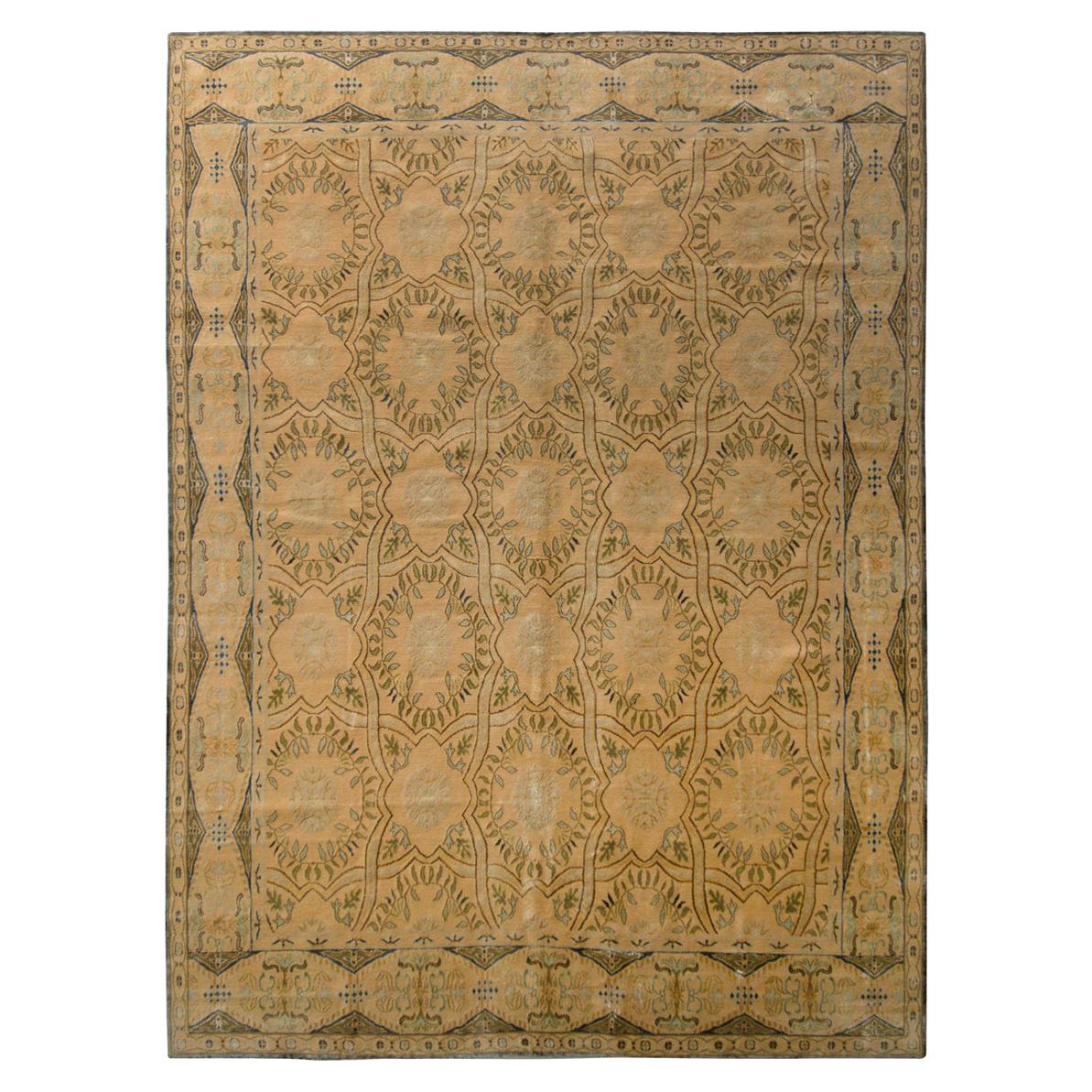 Rug & Kilim's Hand Knotted European Style Rug Beige Green Floral Trellis Pattern