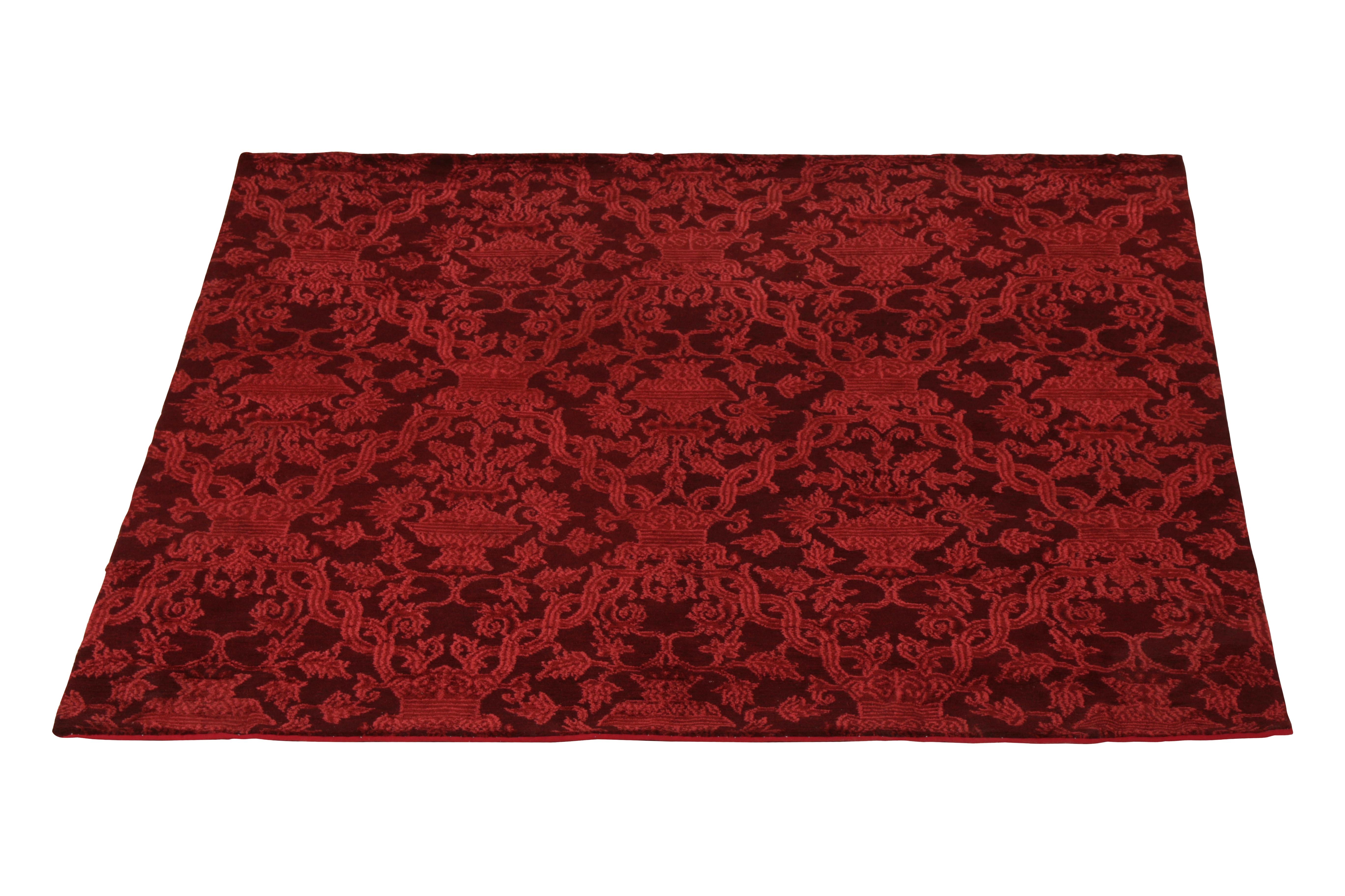 Hand knotted in a blend of wool and silk, this 5 x 6 square rug joins Rug & Kilim’s European rug collection, drawing inspiration from venerated Classic designs like this take on Italian sensibility in the richest burgundy and red hues. 

On the