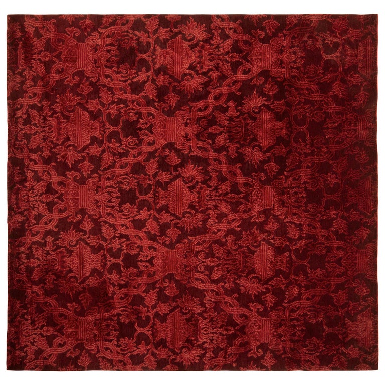 Embroided Red Rug Rug and Kilim’s Hand Knotted European Style Rug in Red All-Over Floral ...