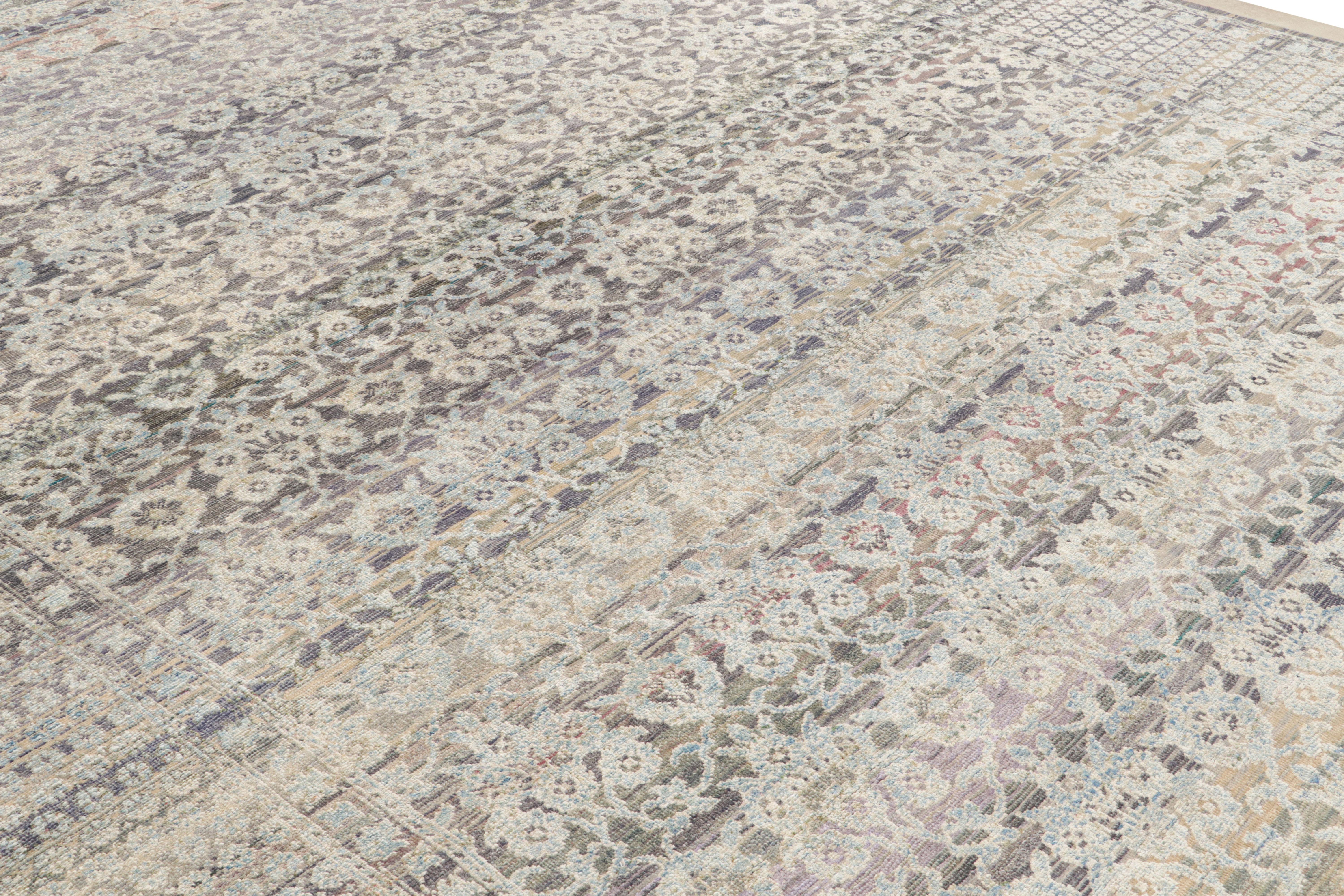 Hand-Knotted Rug & Kilim’s Hand Knotted Floral Rug in Blue, Beige Grey Pattern For Sale
