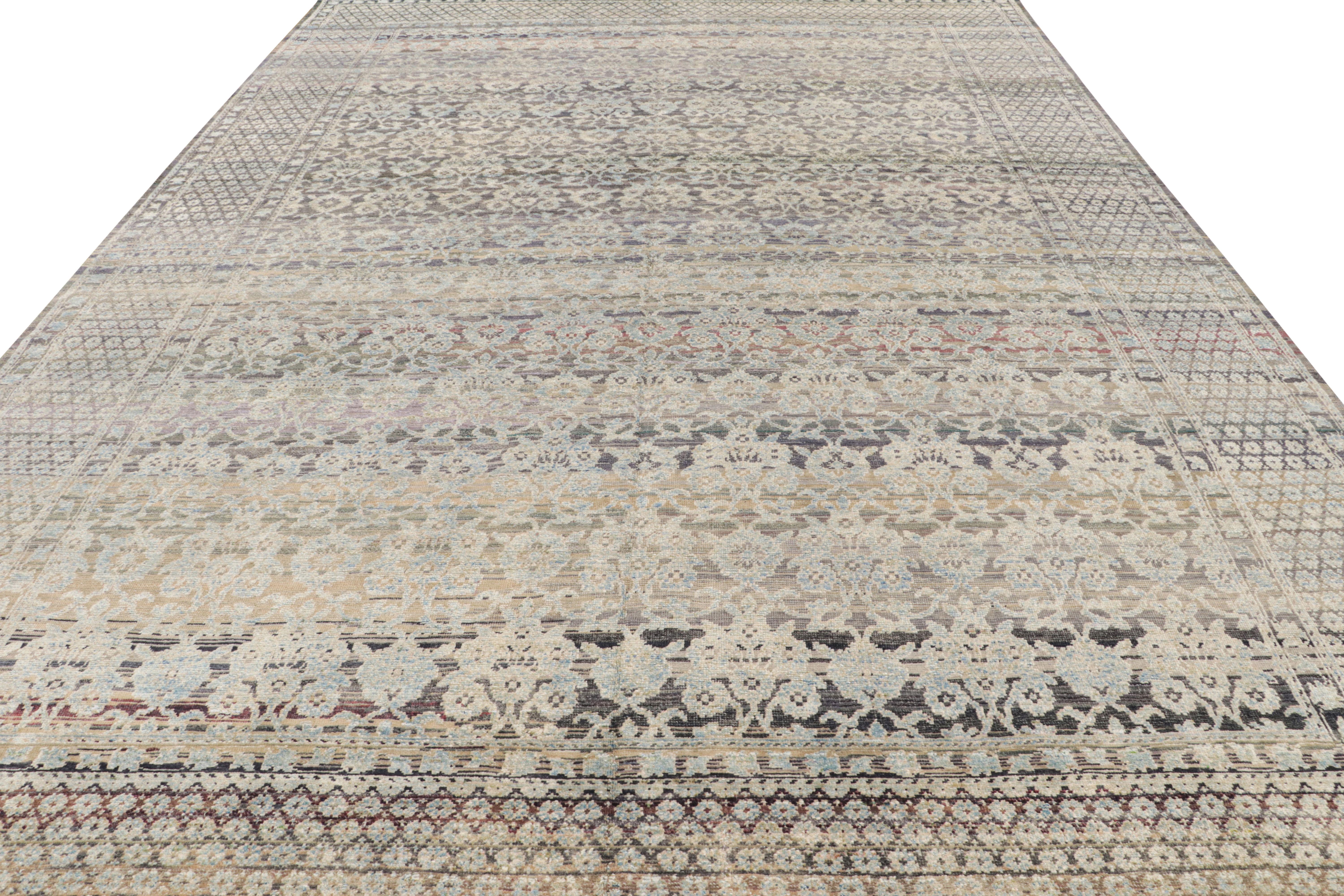 Indian Rug & Kilim’s Hand Knotted Floral Rug in Blue, Beige Grey Pattern For Sale